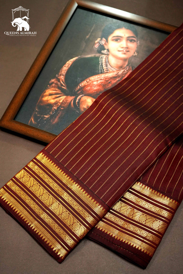 PECAN BROWN WITH WOVEN BORDER KANCHIVARAM SILK SAREE - Queens Jewel Emporium
