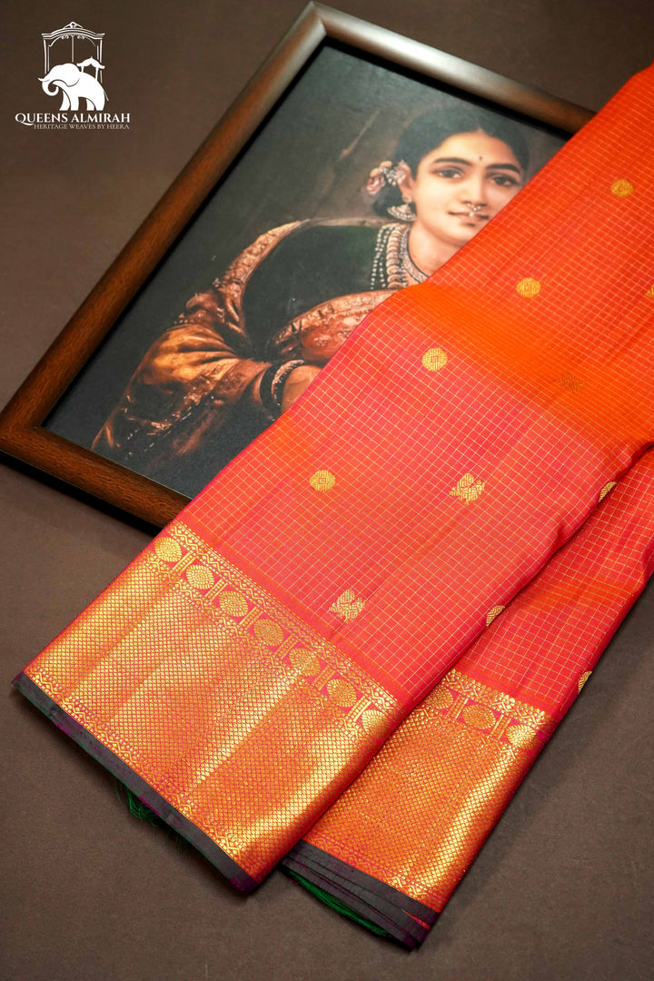 PINKISH ORANGE WITH WOVEN BORDER KANCHIVARAM SILK SAREE - Queens Jewel Emporium