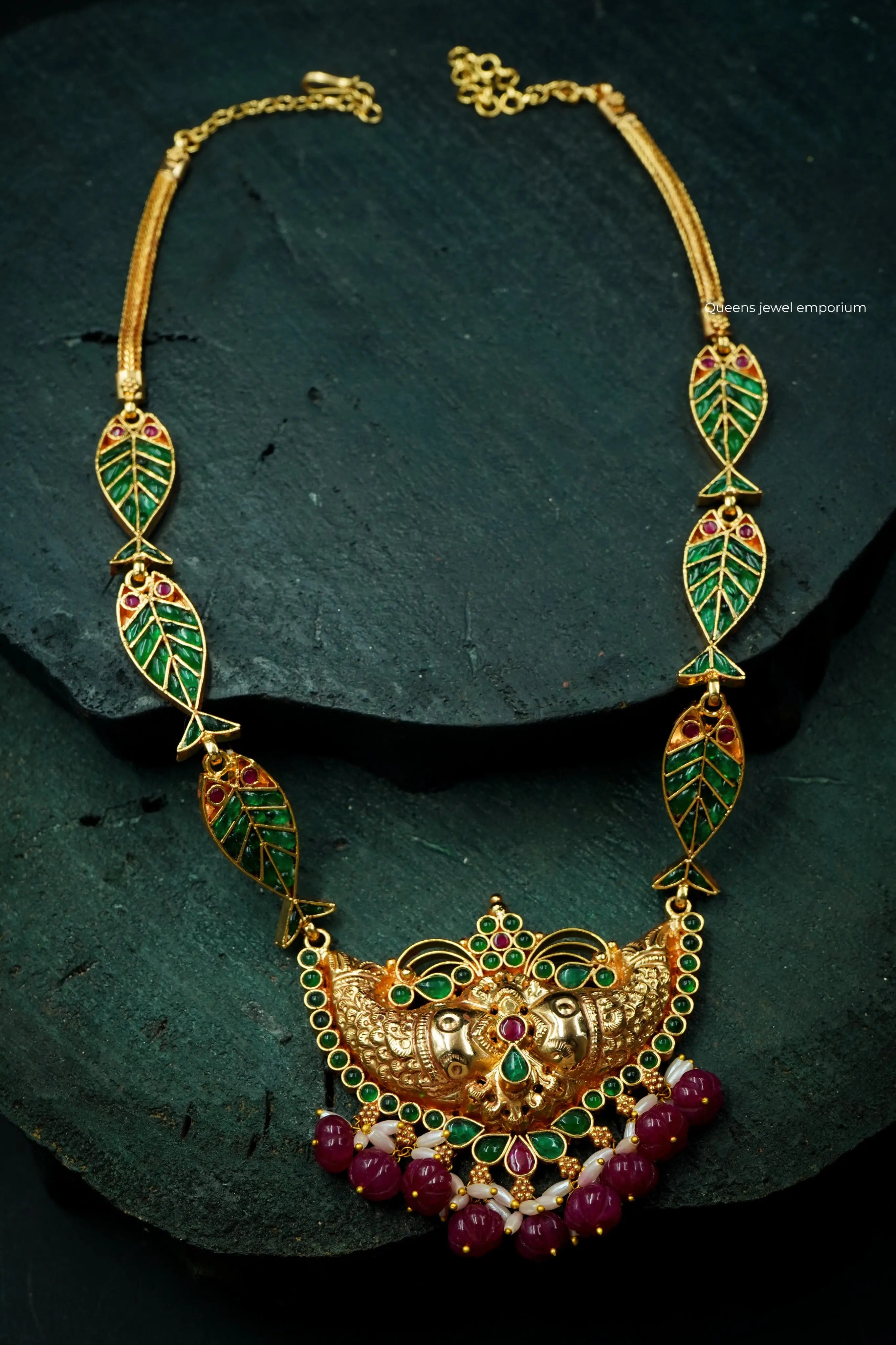 Fish motif Haram , Kemp stones jewellery , Green color stone