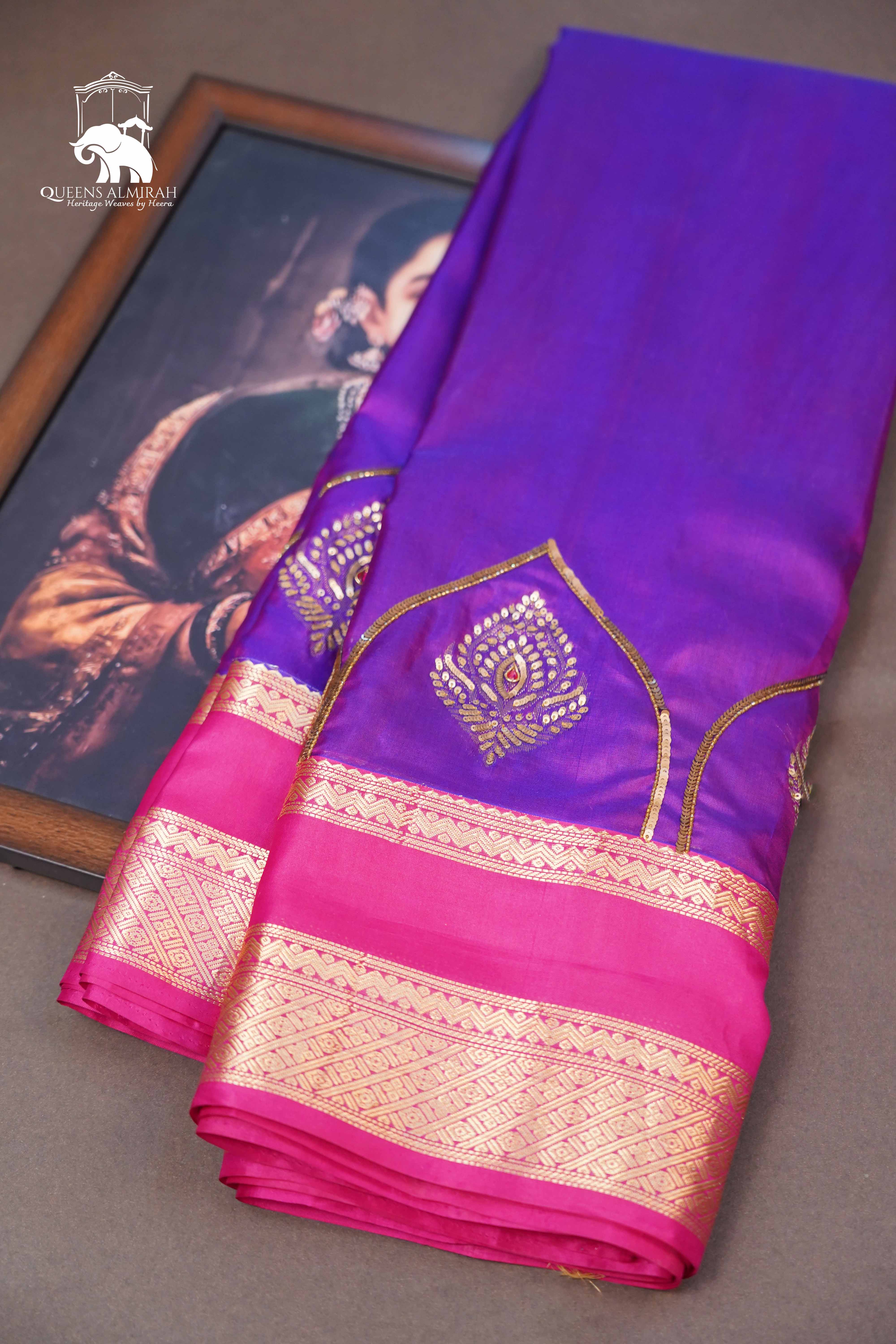 Violet Blue With Hot Pink Pure Kanchivaram Silk Saree - Queens Jewel Emporium