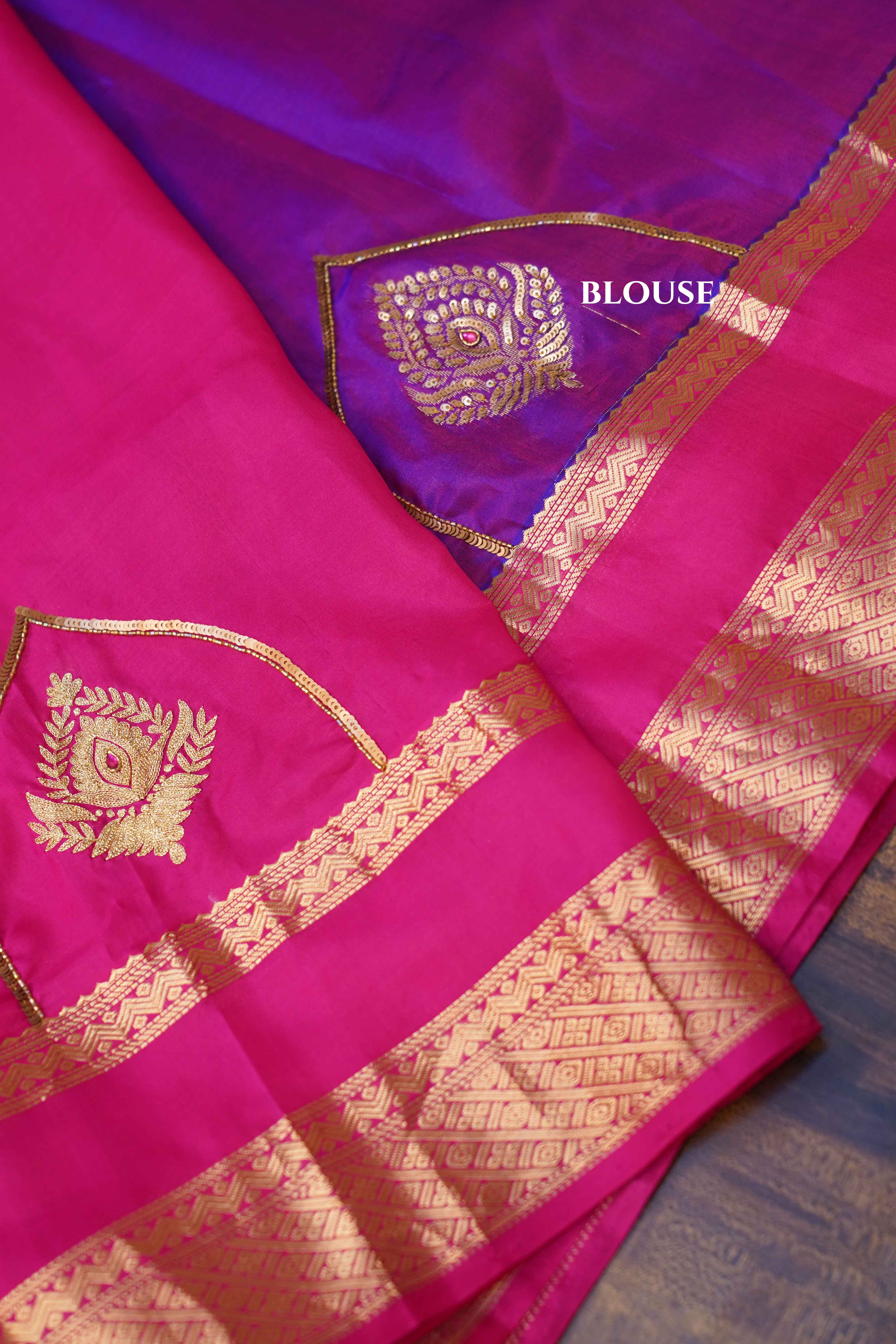 Violet Blue With Hot Pink Pure Kanchivaram Silk Saree - Queens Jewel Emporium