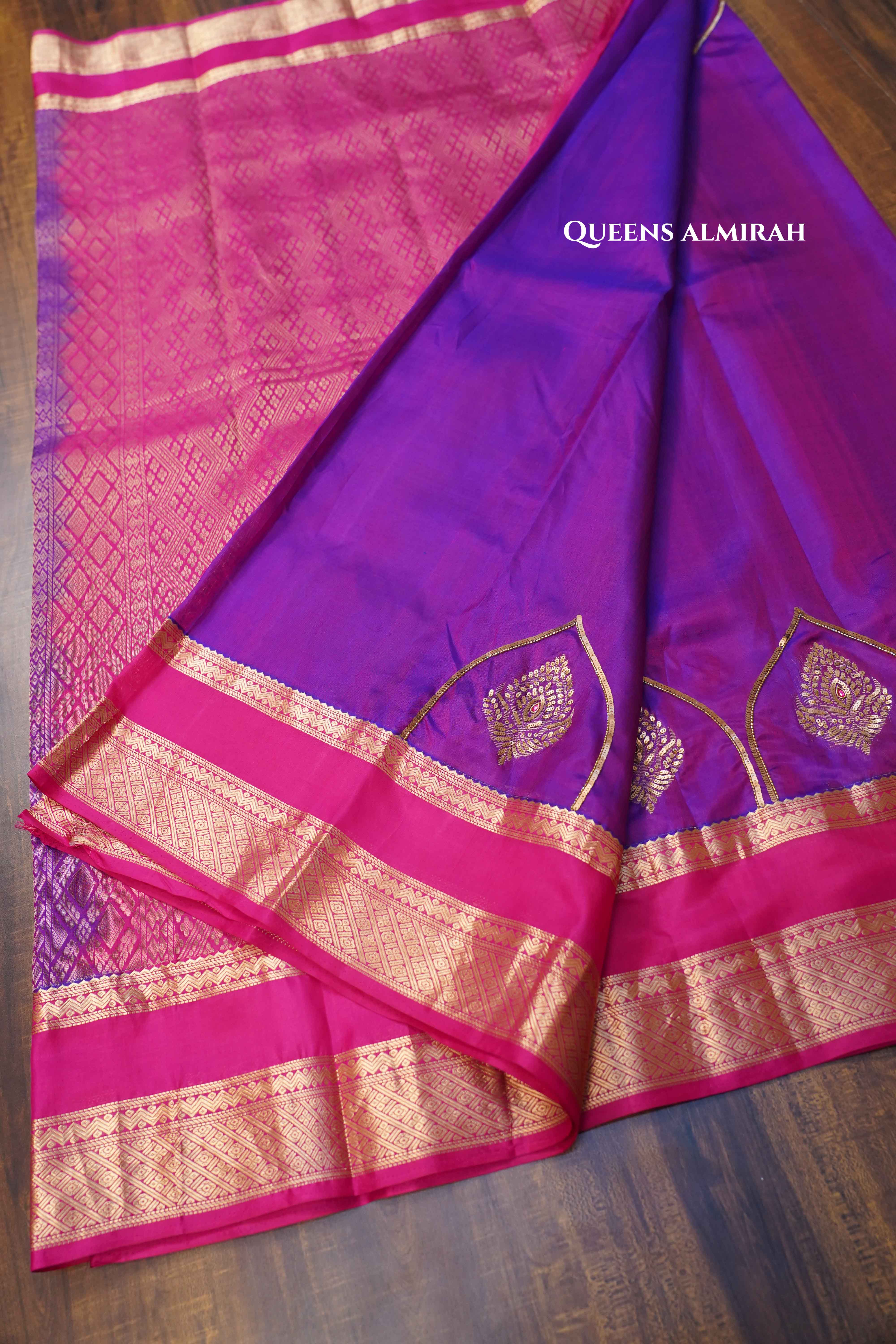 Violet Blue With Hot Pink Pure Kanchivaram Silk Saree - Queens Jewel Emporium