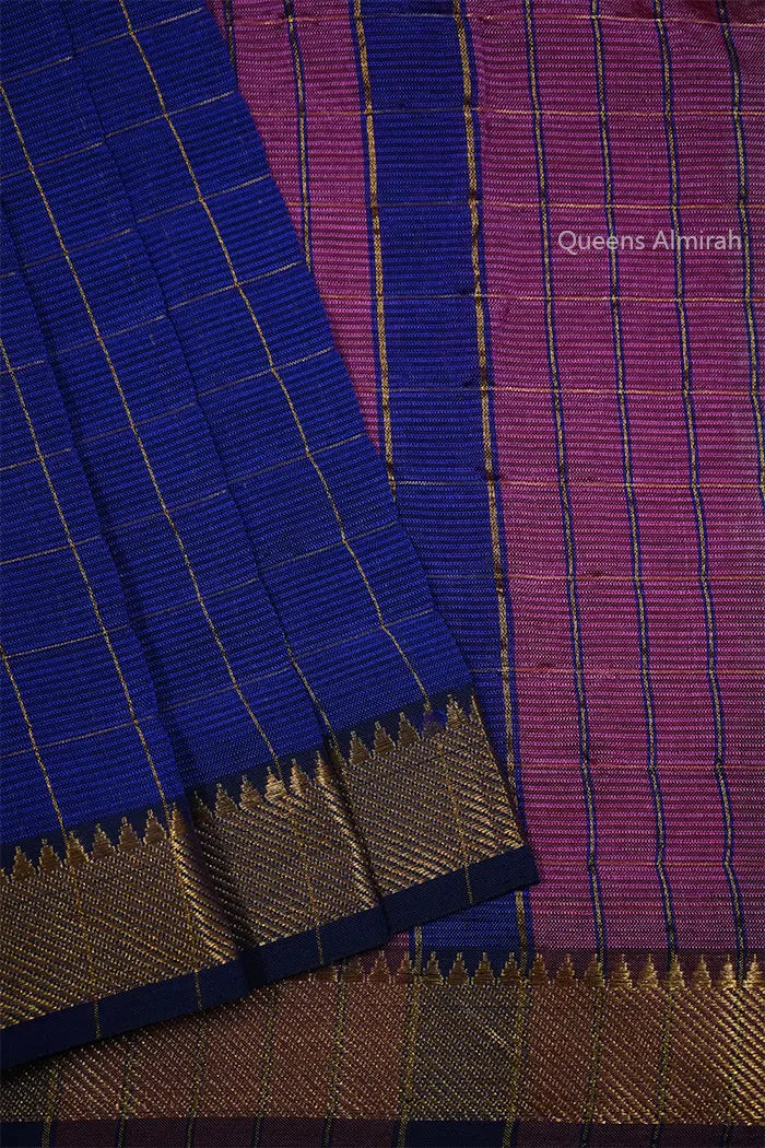 WARM BLUE WITH SOFT PURPLE  MANGALGIRI SAREE - Queens Jewel Emporium