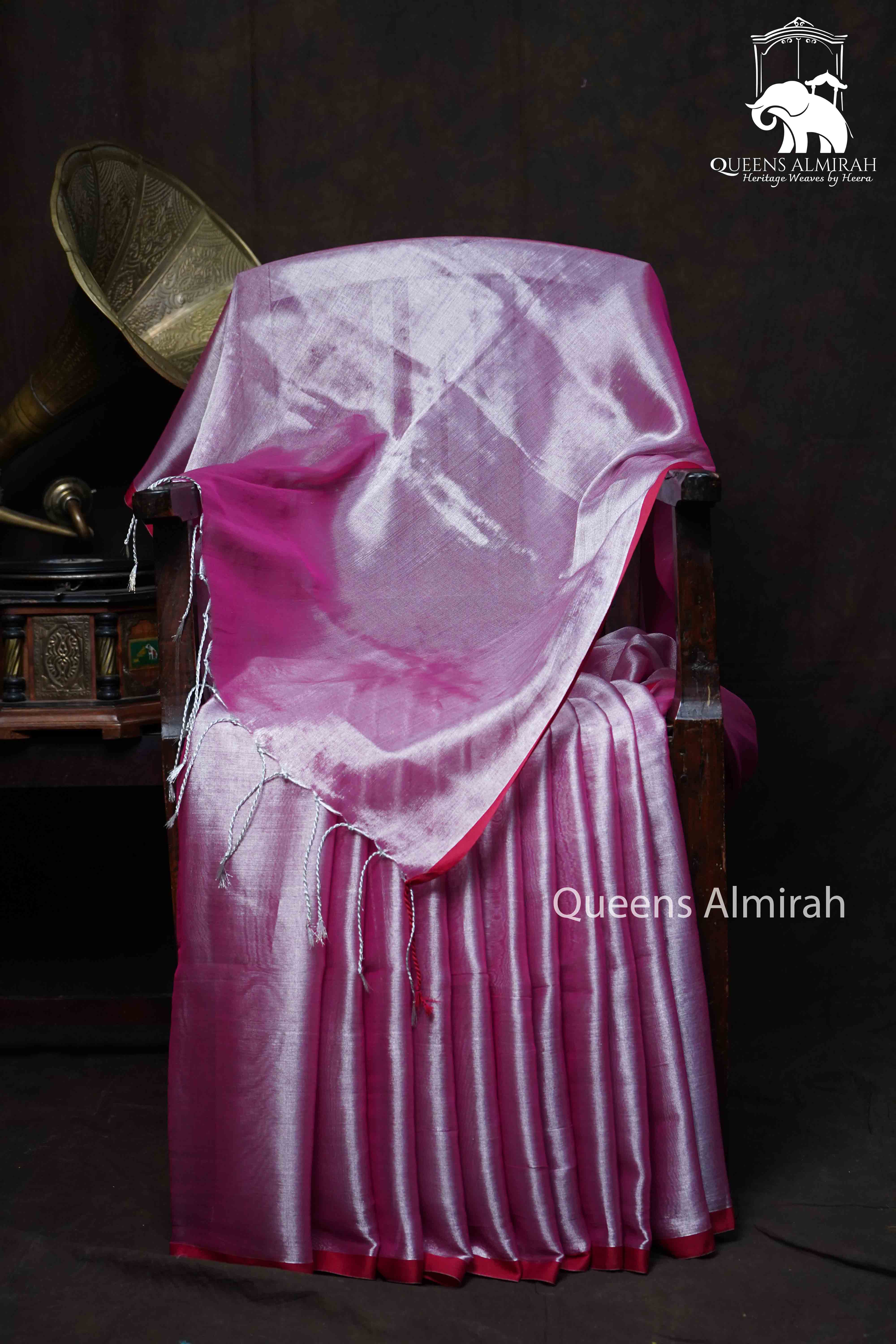 WARM PINK LINEN TISSUE SAREE - Queens Jewel Emporium