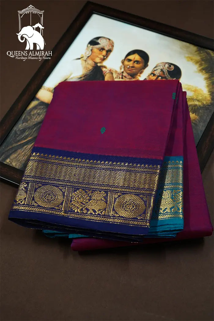 WARM PURPLE WITH DUSKY BLUE  KANCHI COTTON SAREE - Queens Jewel Emporium