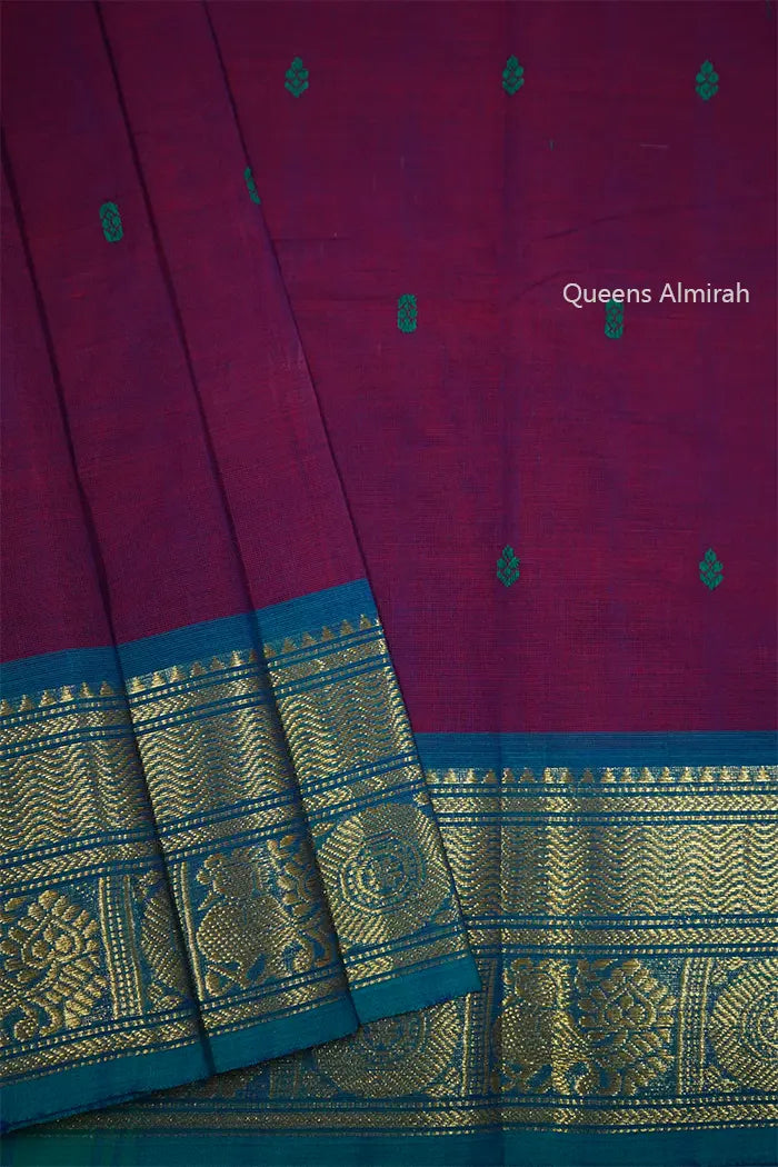 WARM PURPLE WITH DUSKY BLUE  KANCHI COTTON SAREE - Queens Jewel Emporium