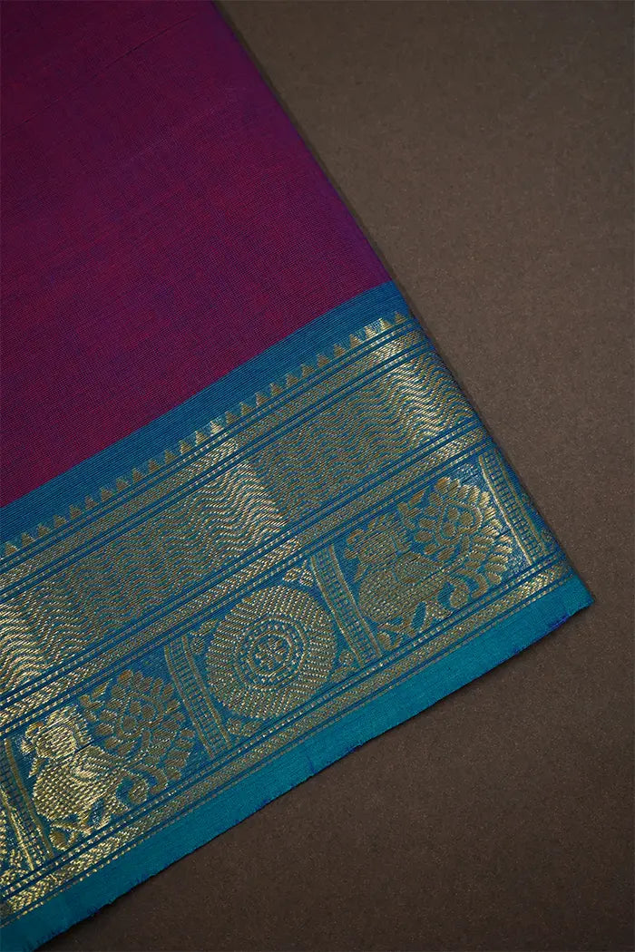 WARM PURPLE WITH DUSKY BLUE  KANCHI COTTON SAREE - Queens Jewel Emporium