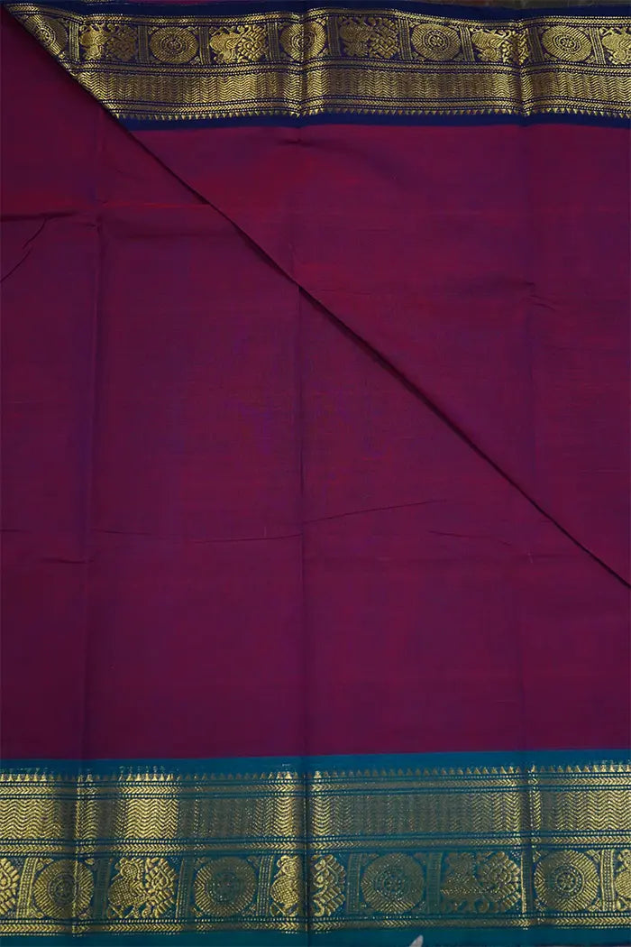 WARM PURPLE WITH DUSKY BLUE  KANCHI COTTON SAREE - Queens Jewel Emporium