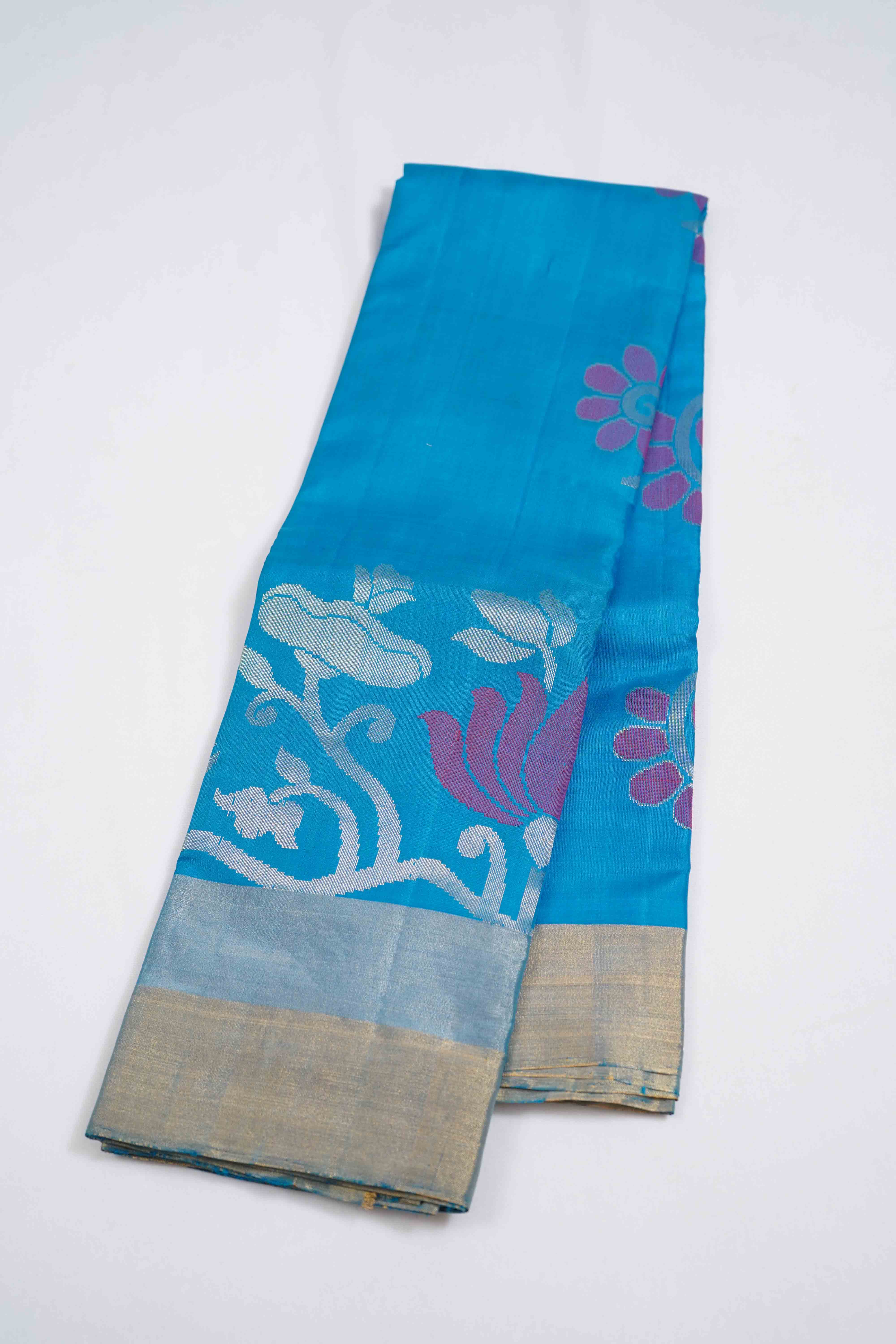 WATER BLUE PURE KANCHIVARAM SILK SAREE - Queens Jewel Emporium