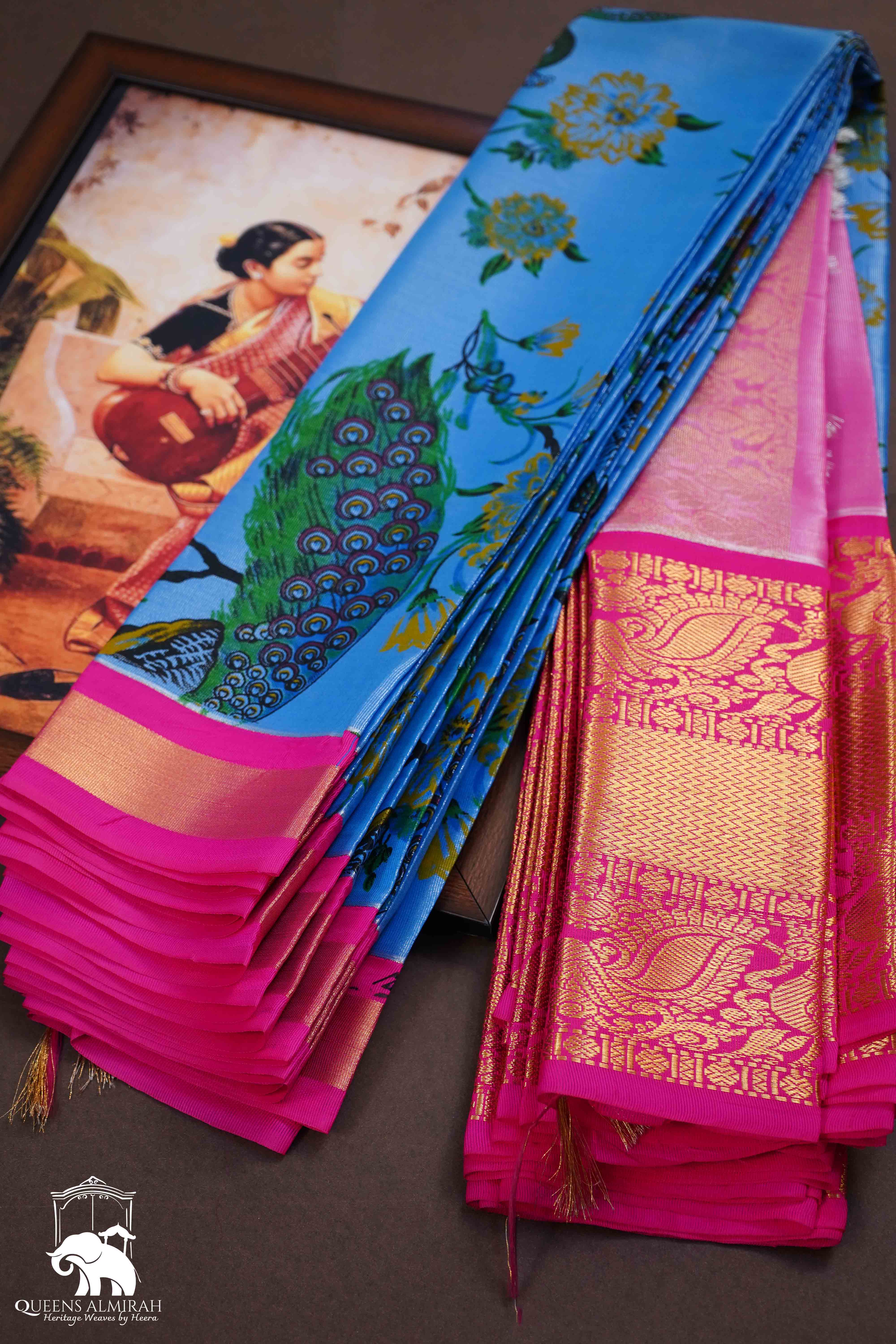 WATER BLUE WITH ROYAL HEATH MANGALGIRI TISSUE SAREE - Queens Jewel Emporium