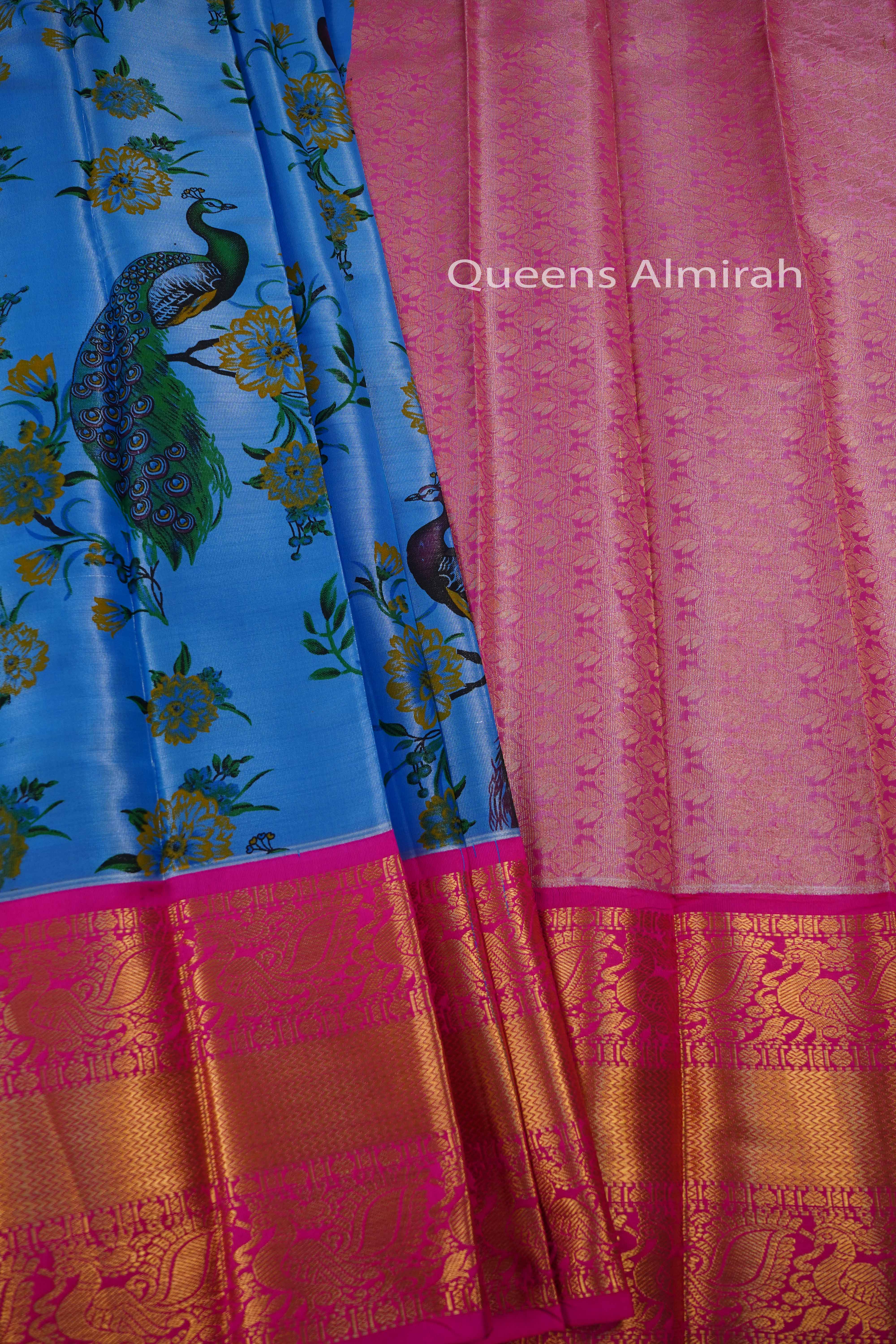 WATER BLUE WITH ROYAL HEATH MANGALGIRI TISSUE SAREE - Queens Jewel Emporium