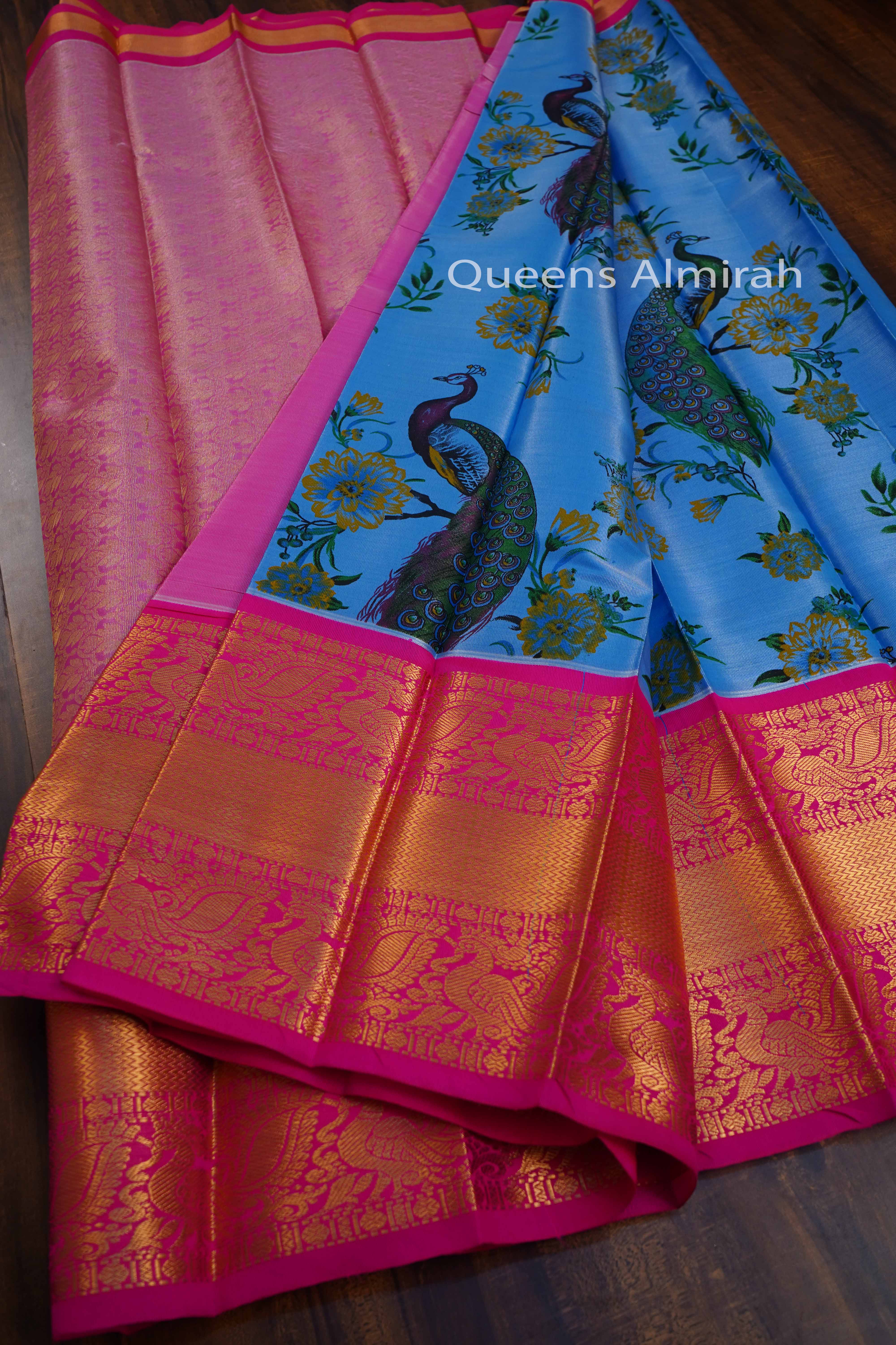 WATER BLUE WITH ROYAL HEATH MANGALGIRI TISSUE SAREE - Queens Jewel Emporium