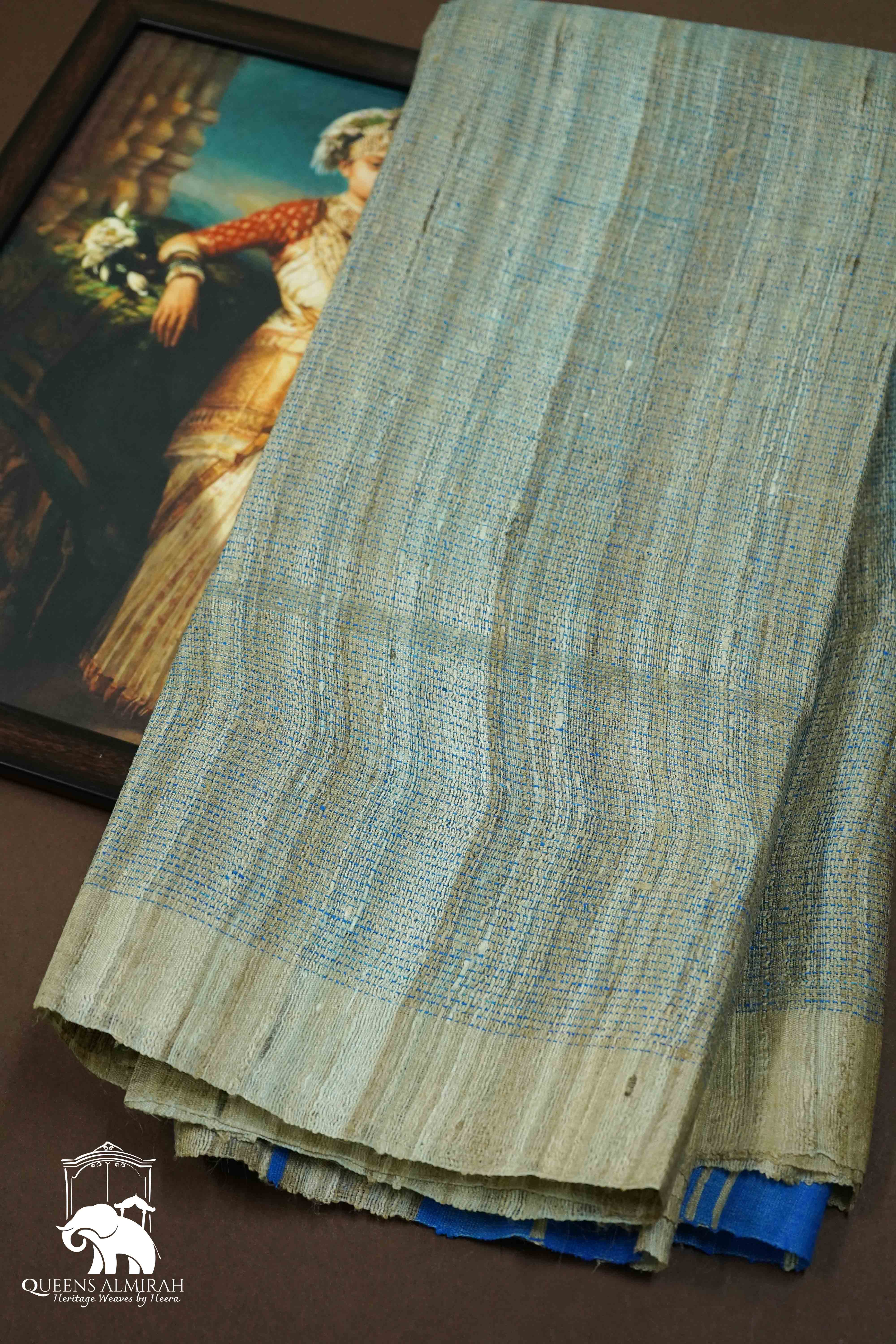 WATER BLUE WITH SANDAL GHICHA TUSSAR SILK SAREE - Queens Jewel Emporium
