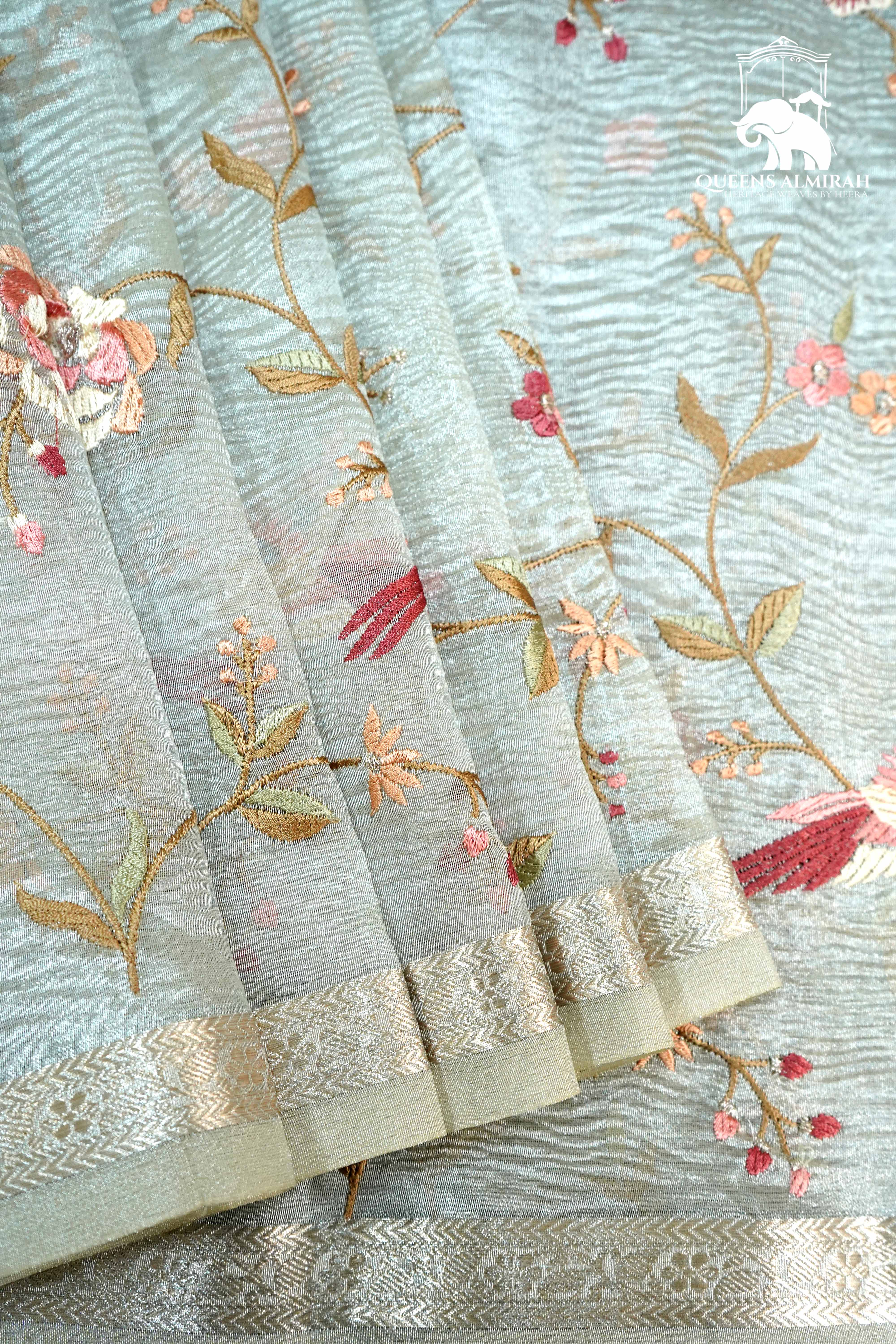 WHISPER GREY WITH WOVEN BORDER TISSUE SAREE - Queens Jewel Emporium