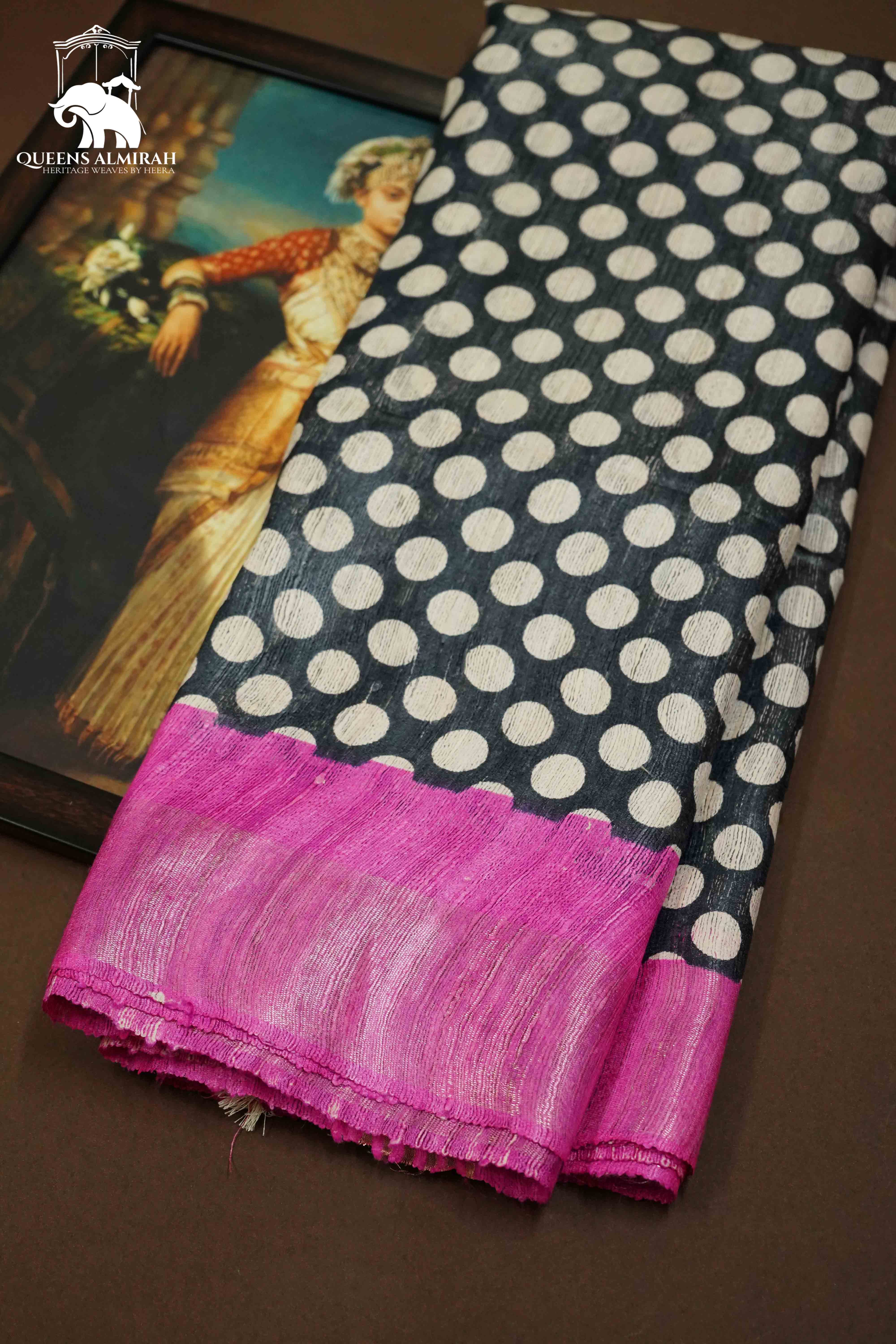 WHITE AND BLACK WITH  PINK GHICHA TUSSAR SILK SAREE - Queens Jewel Emporium