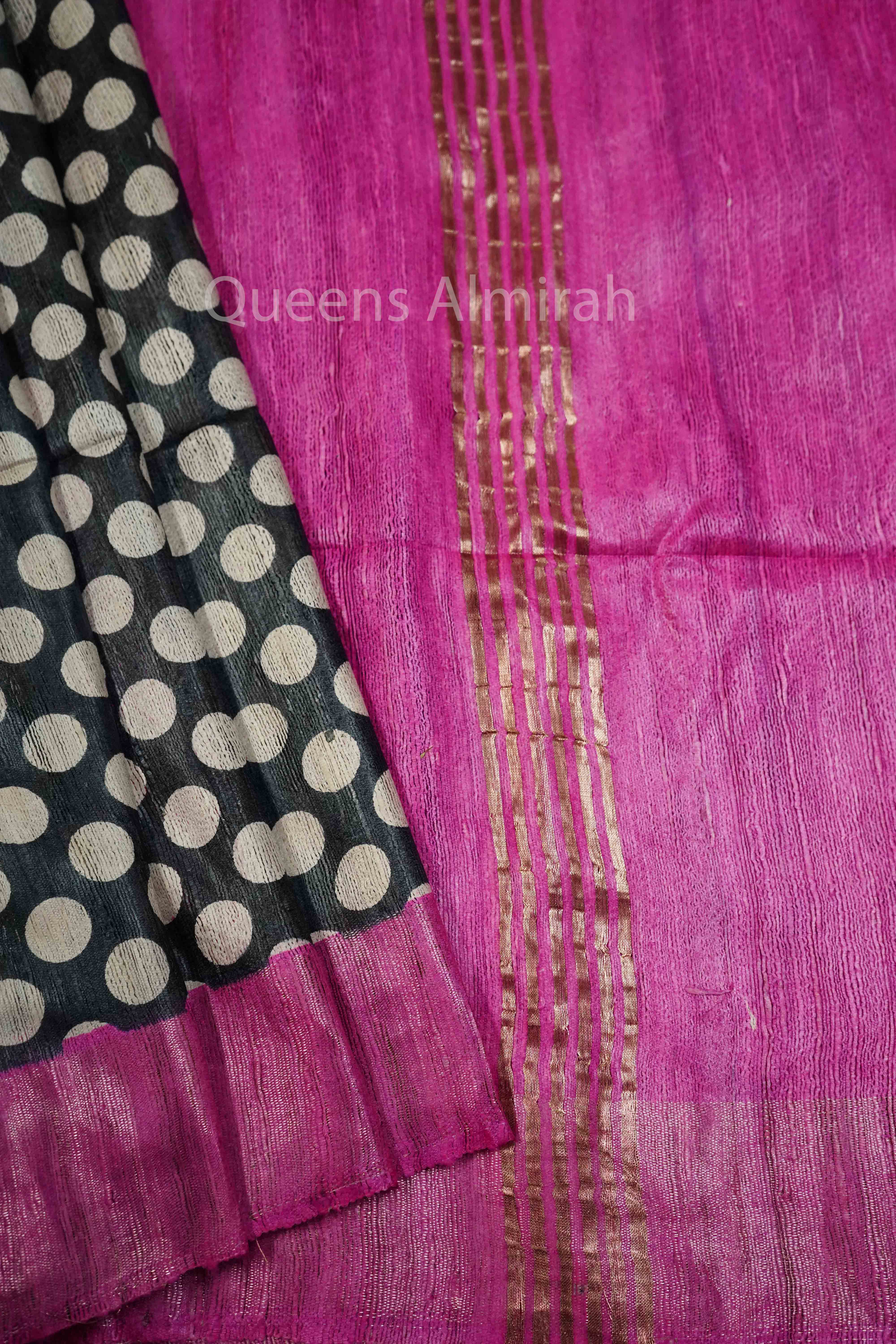 WHITE AND BLACK WITH  PINK GHICHA TUSSAR SILK SAREE - Queens Jewel Emporium