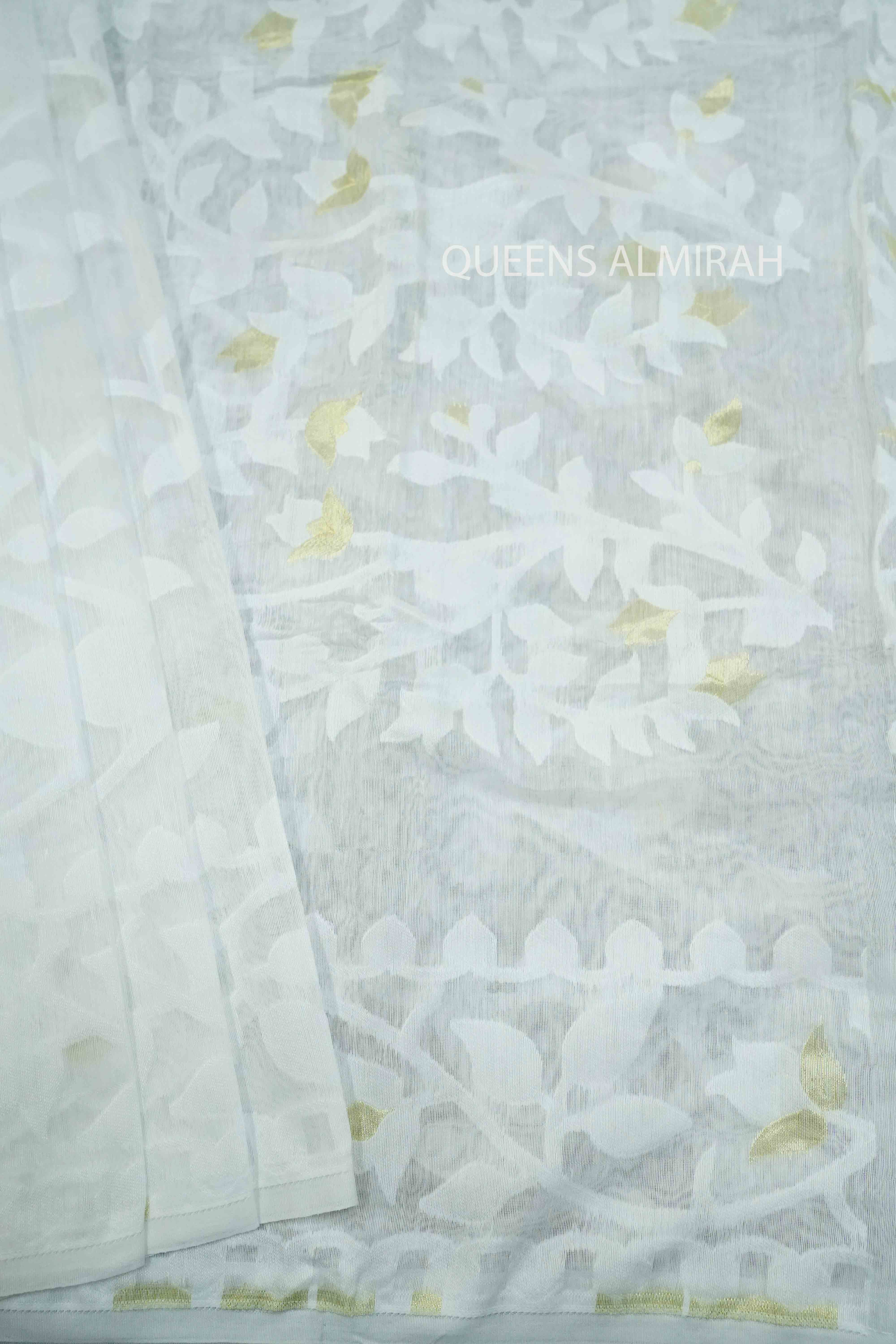 WHITE JAMDANI COTTON SAREE - Queens Jewel Emporium