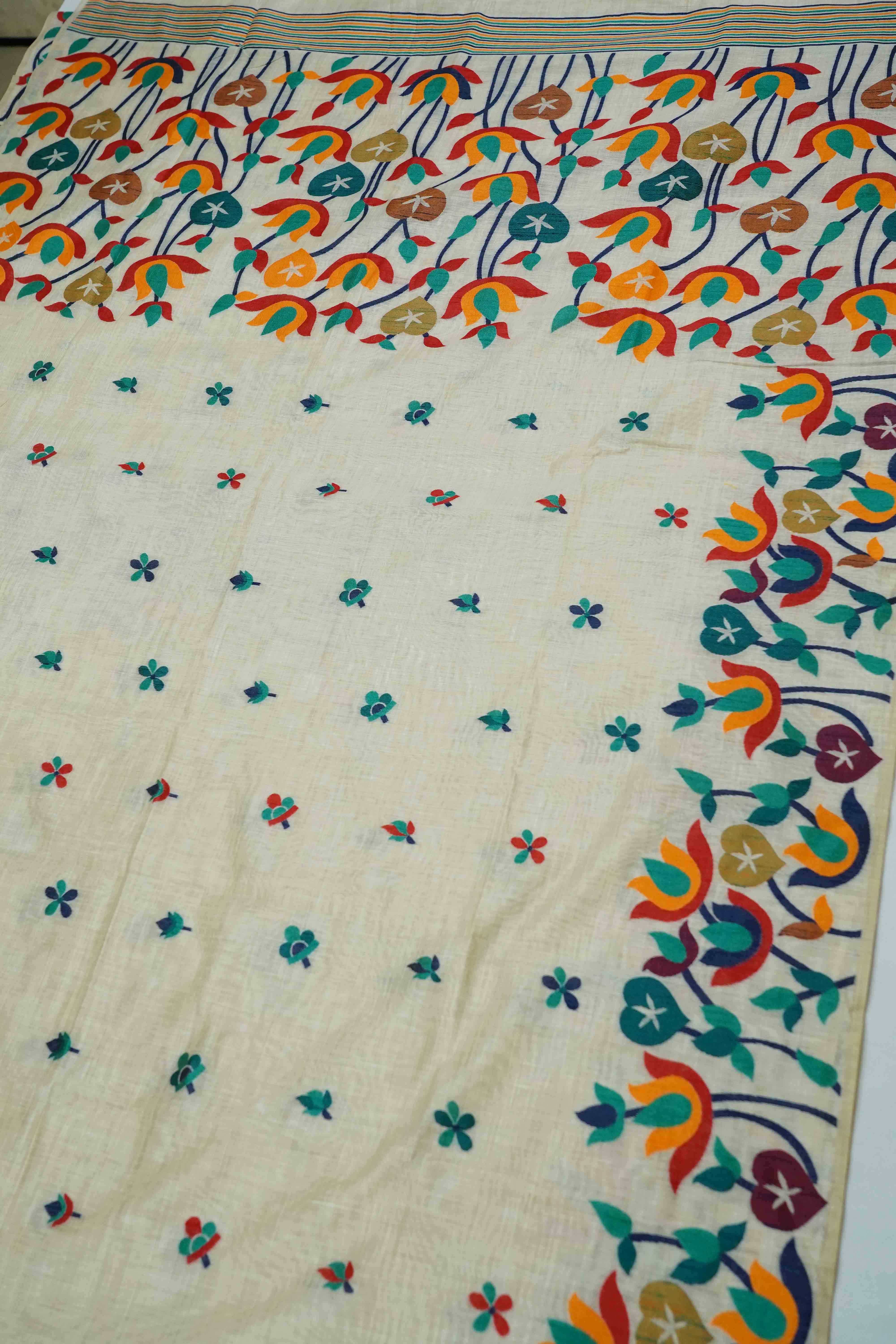 WHITE JAMDANI TUSSAR SILK SAREE 2 - Queens Jewel Emporium