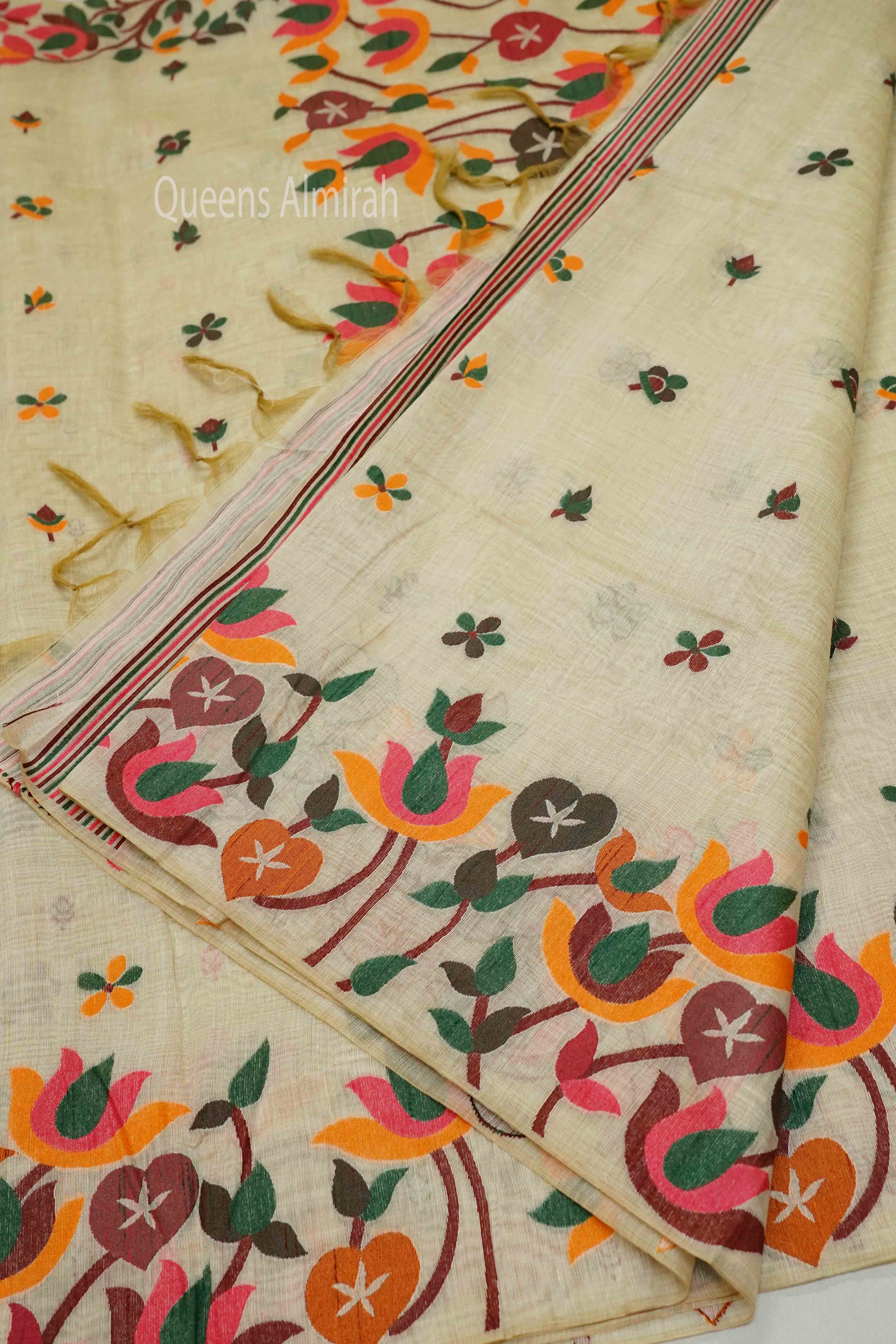 WHITE JAMDANI TUSSAR SILK SAREE - Queens Jewel Emporium