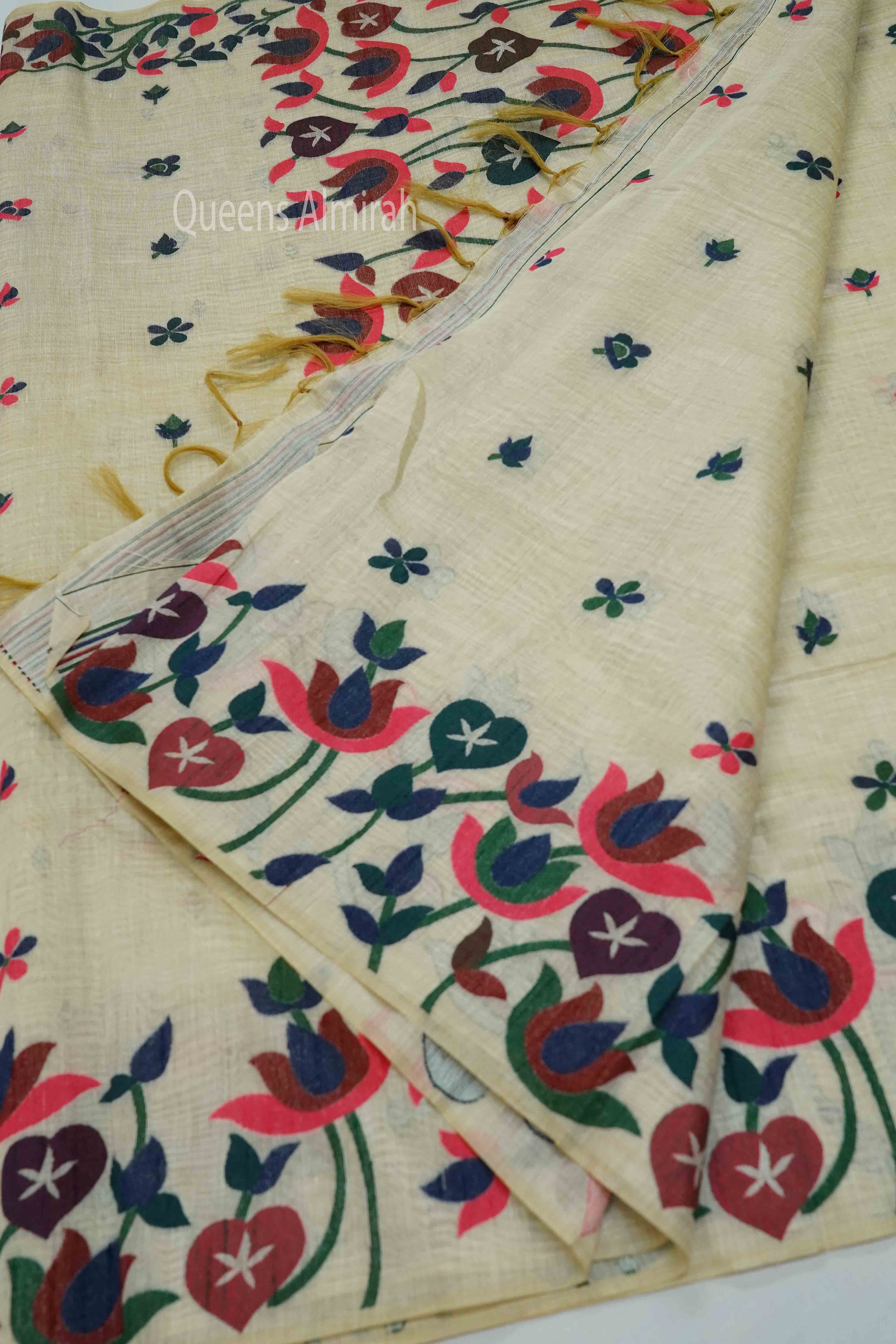 WHITE JAMDNI TUSSAR SILK SAREE - Queens Jewel Emporium