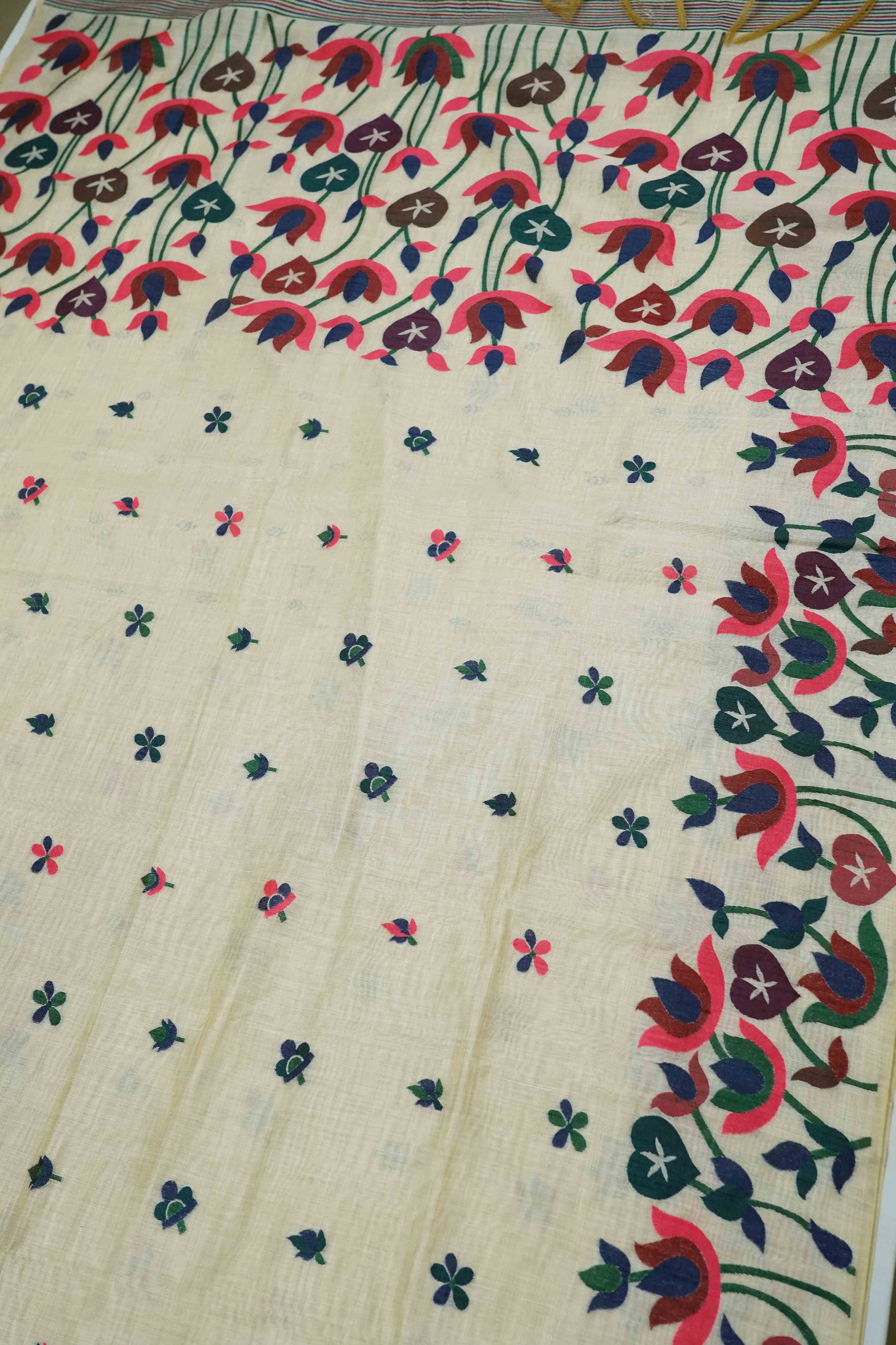 WHITE JAMDNI TUSSAR SILK SAREE - Queens Jewel Emporium