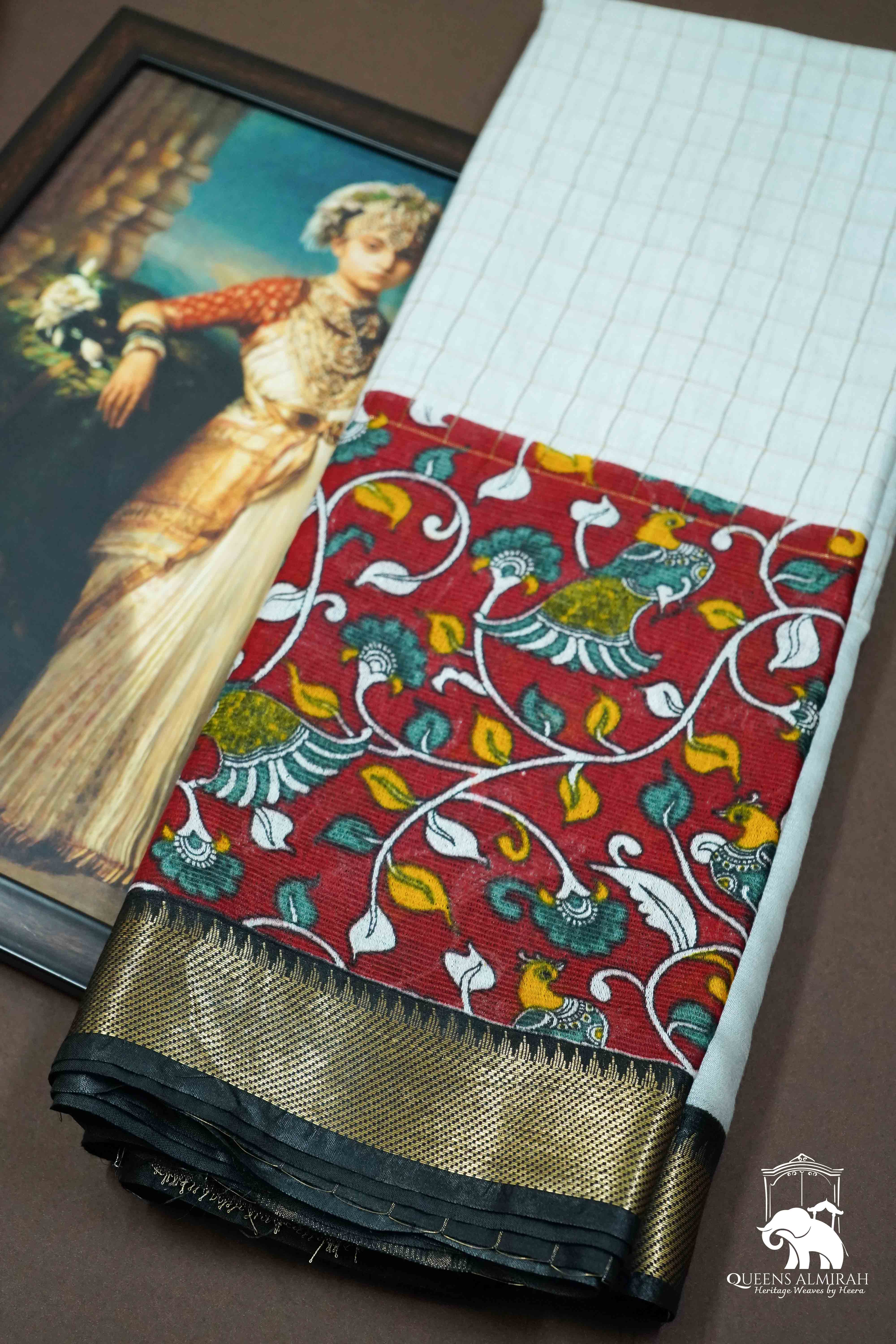 WHITE KALAMKARI BORDER MANGALGIRI SAREE - Queens Jewel Emporium