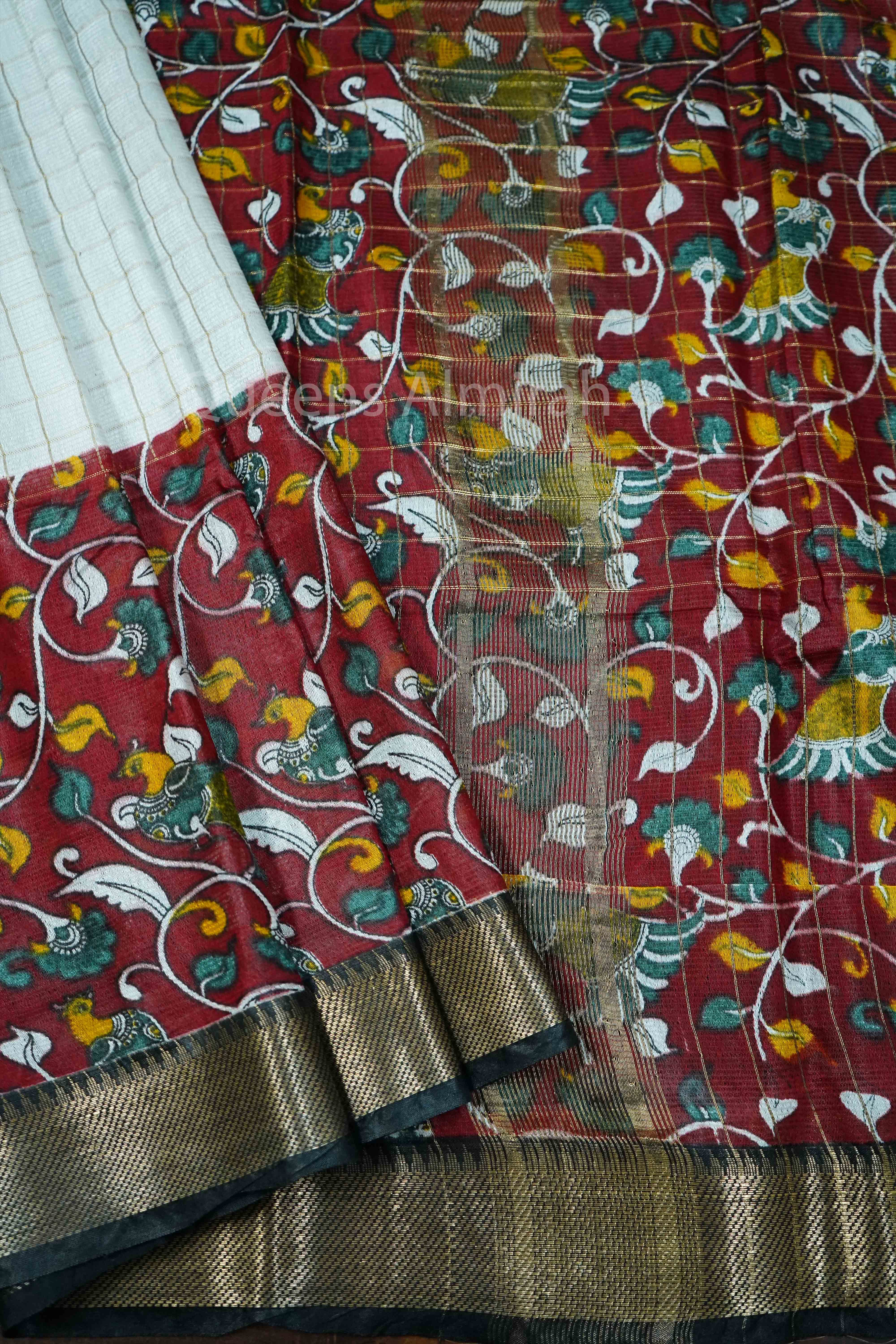 WHITE KALAMKARI BORDER MANGALGIRI SAREE - Queens Jewel Emporium