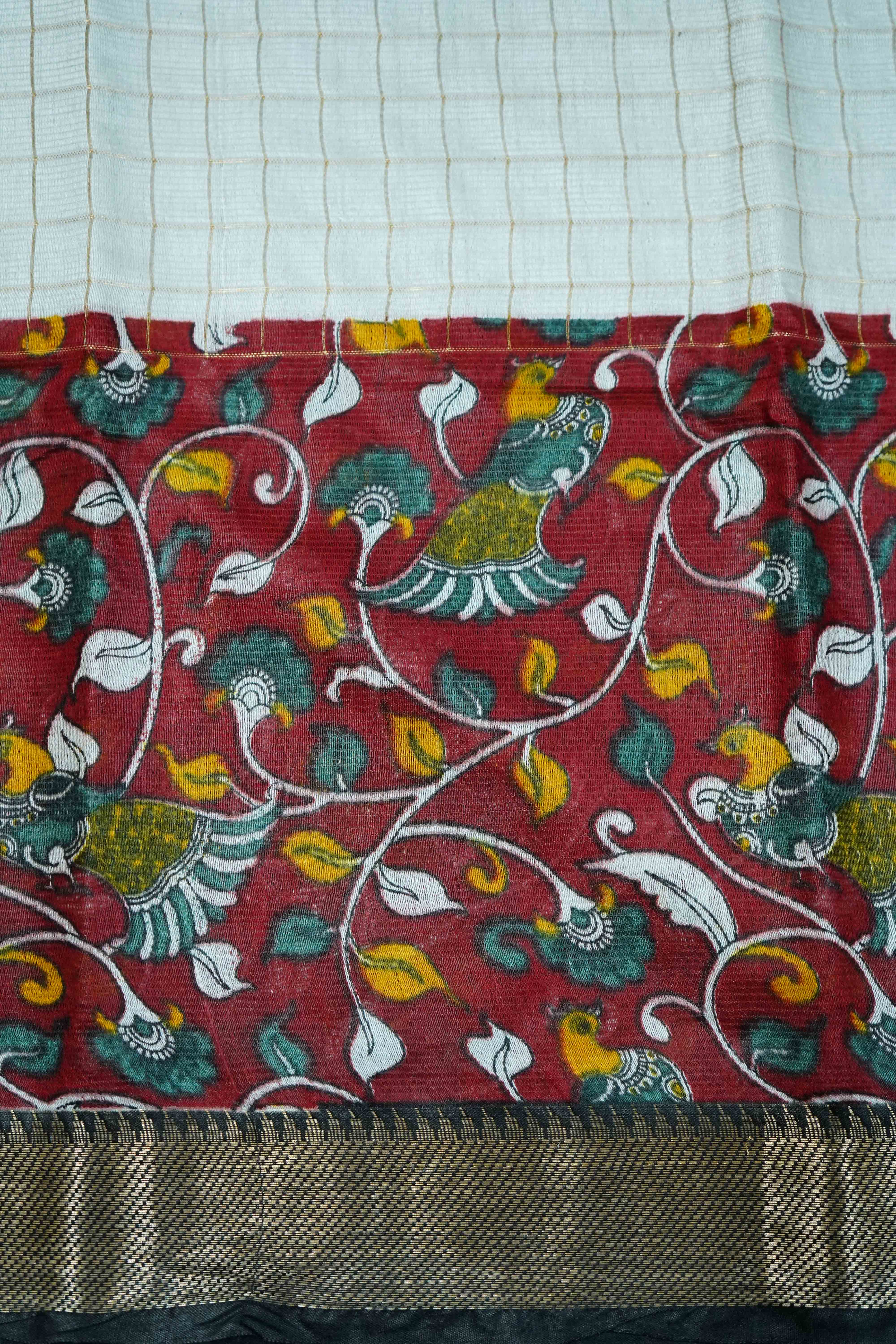 WHITE KALAMKARI BORDER MANGALGIRI SAREE - Queens Jewel Emporium