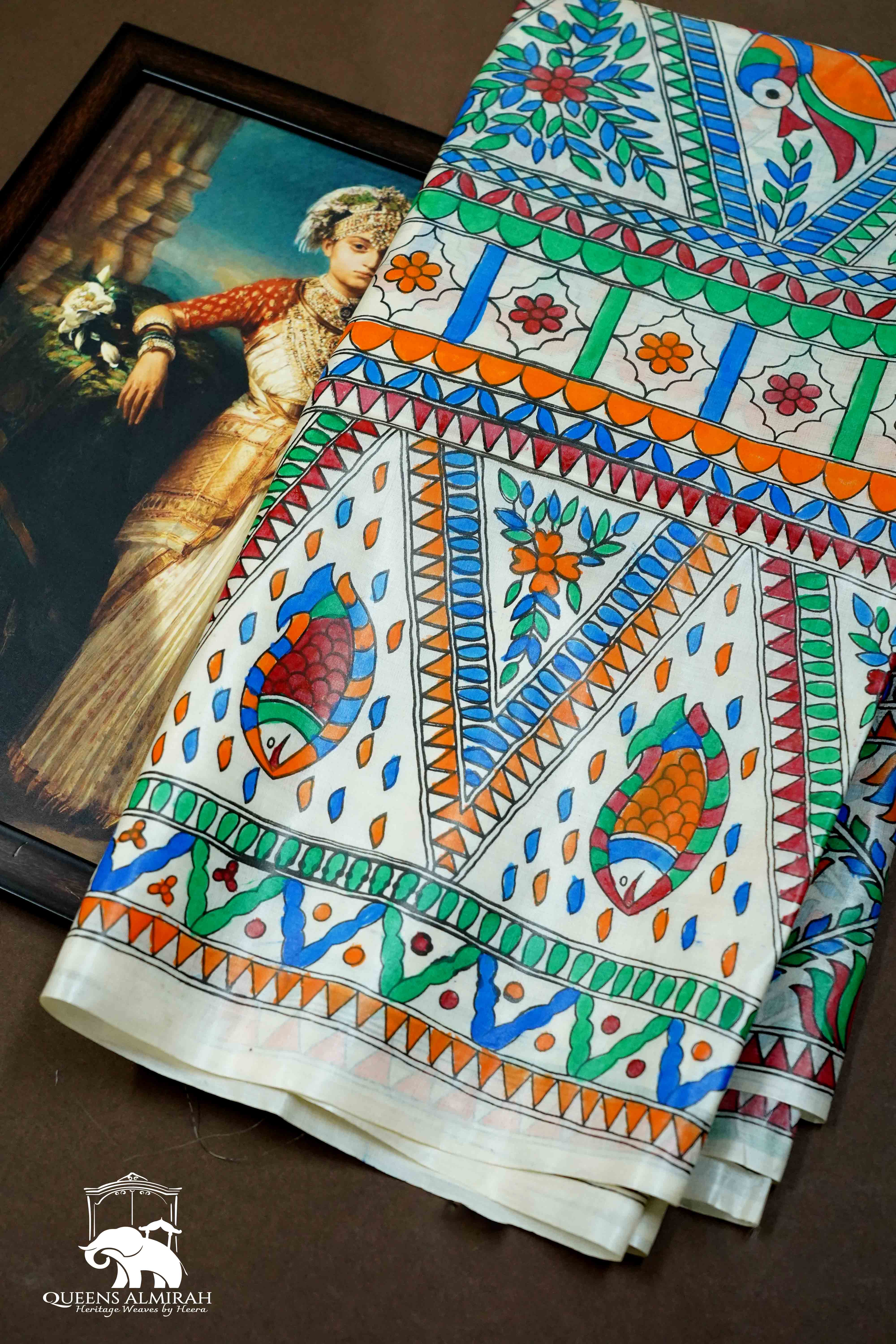 WHITE MADHUBANI  HAND PAINTED PURE TUSSAR  SILK SAREE 1 - Queens Jewel Emporium