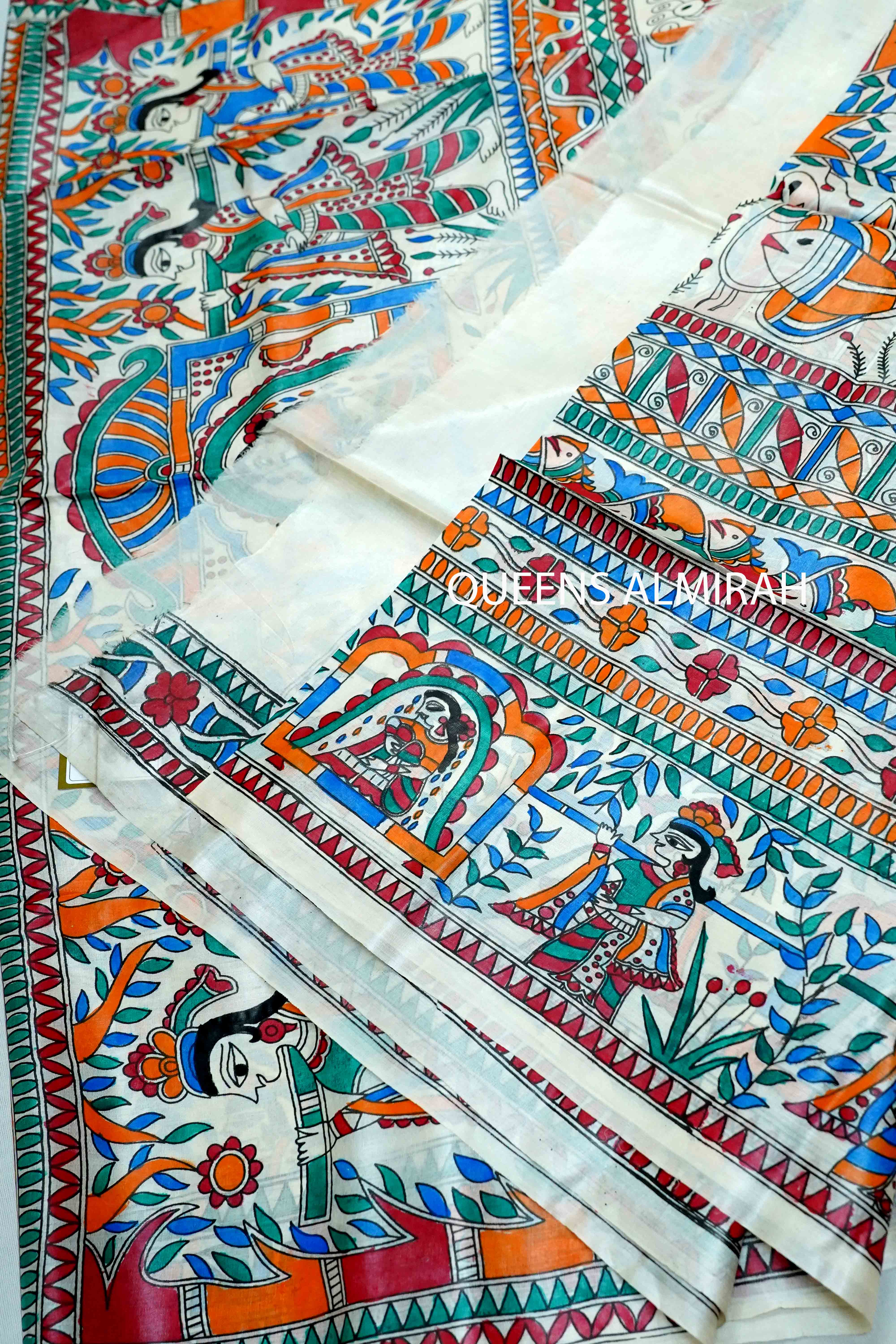 WHITE MADHUBANI  HAND PAINTED PURE TUSSAR  SILK SAREE 1 - Queens Jewel Emporium