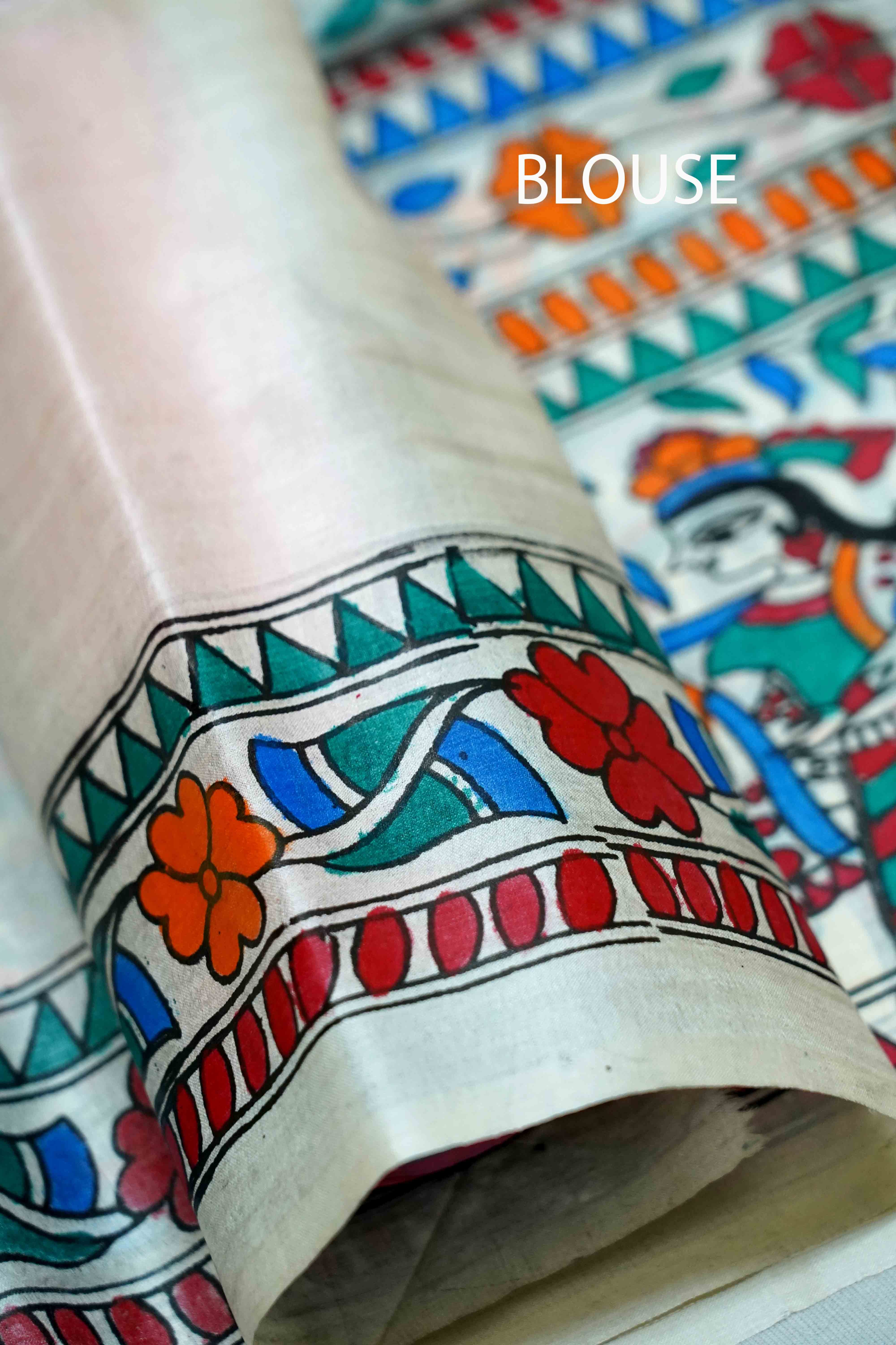 WHITE MADHUBANI  HAND PAINTED PURE TUSSAR  SILK SAREE 1 - Queens Jewel Emporium