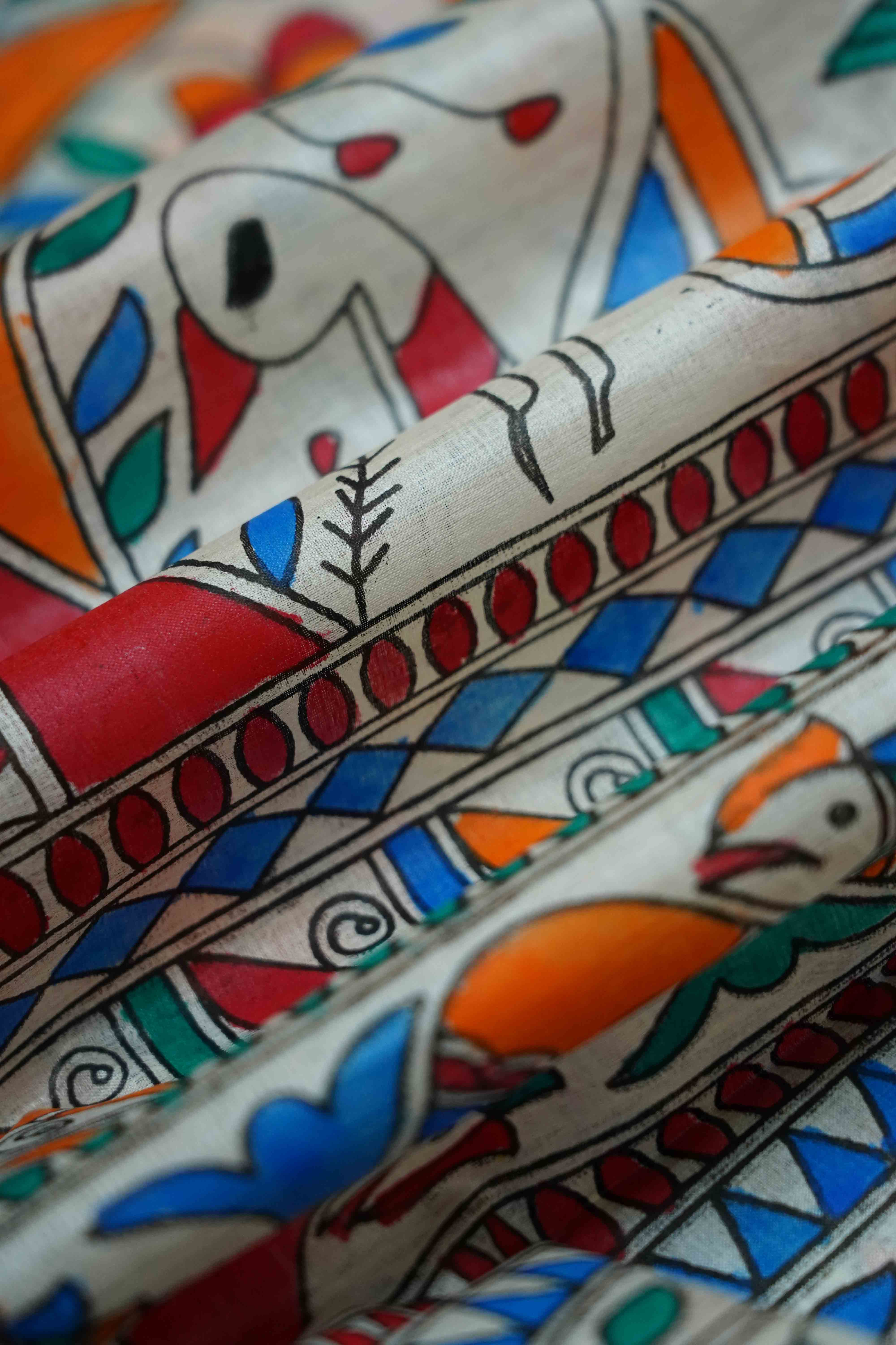 WHITE MADHUBANI  HAND PAINTED PURE TUSSAR  SILK SAREE 1 - Queens Jewel Emporium