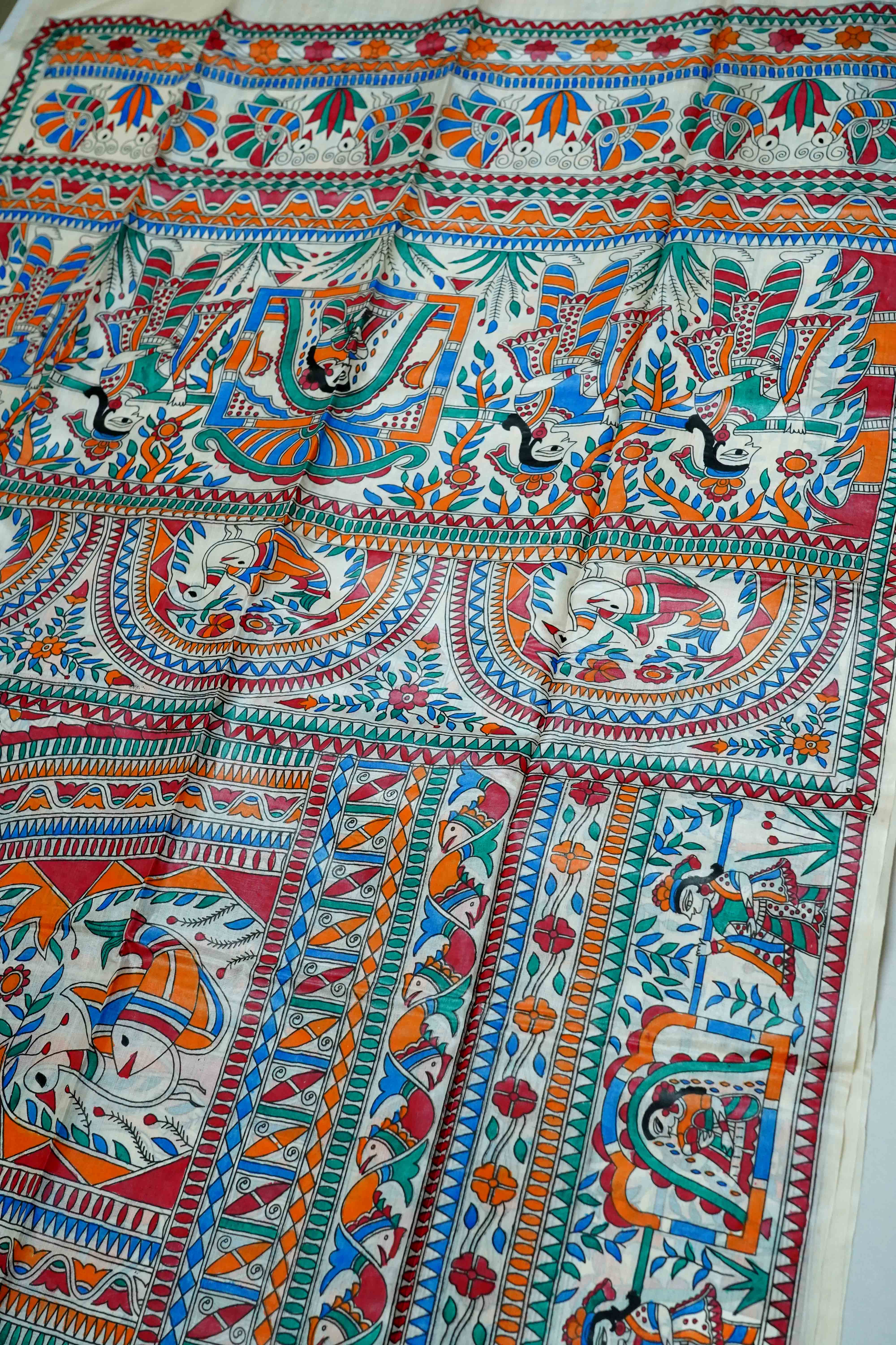 WHITE MADHUBANI  HAND PAINTED PURE TUSSAR  SILK SAREE 1 - Queens Jewel Emporium