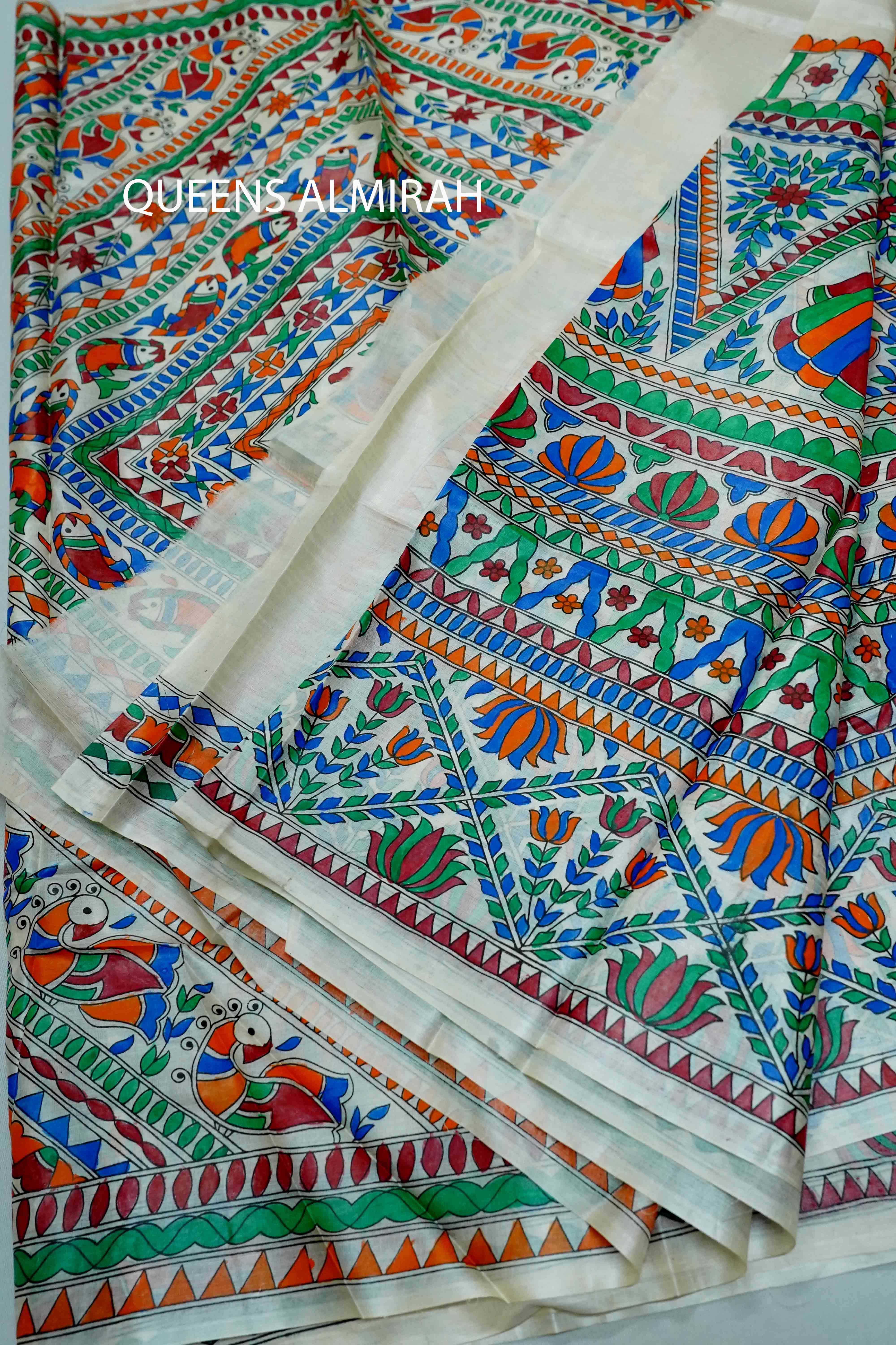 WHITE MADHUBANI HAND PAINTED PURE TUSSAR SILK SAREE 1 - Queens Jewel Emporium