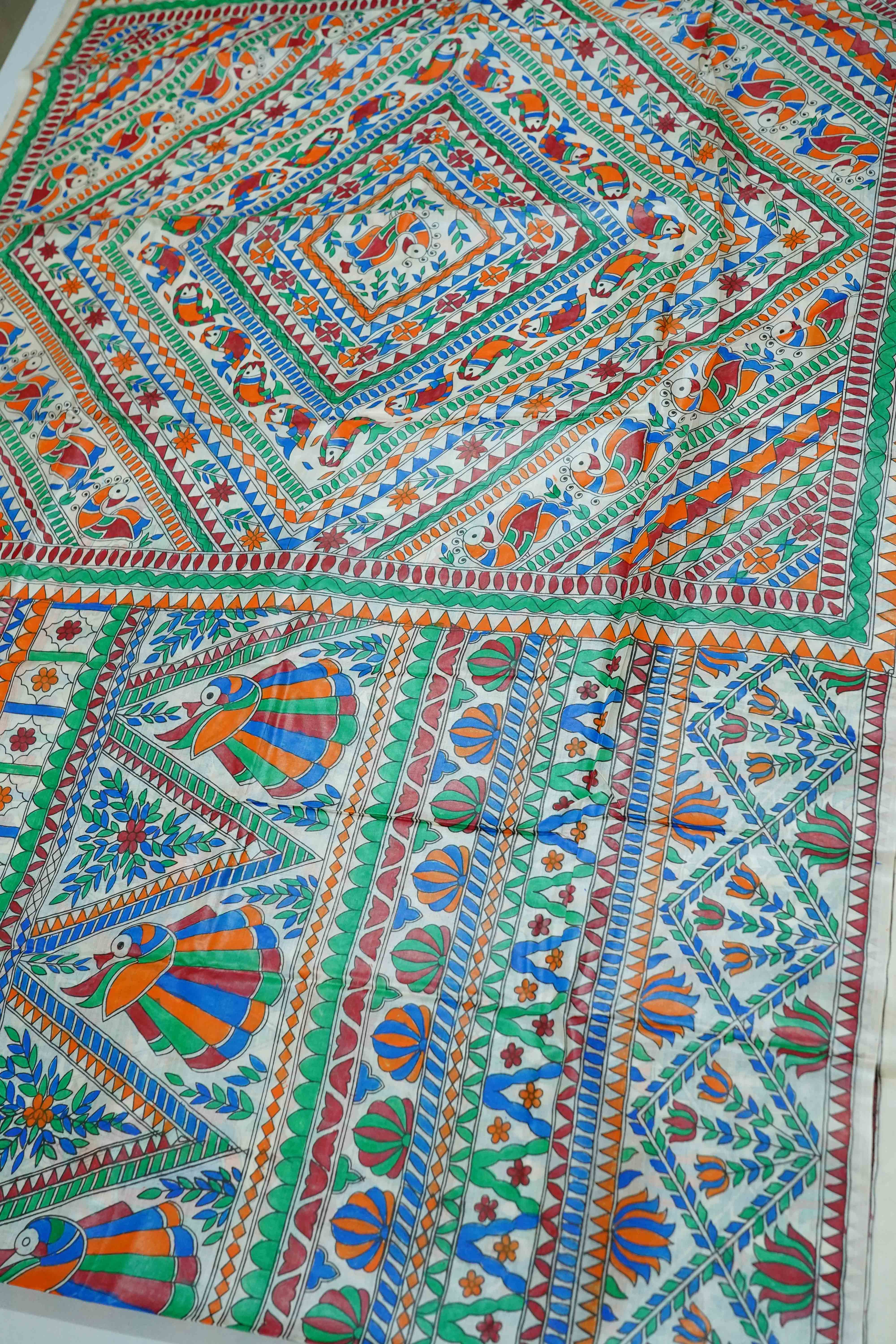 WHITE MADHUBANI HAND PAINTED PURE TUSSAR SILK SAREE 1 - Queens Jewel Emporium
