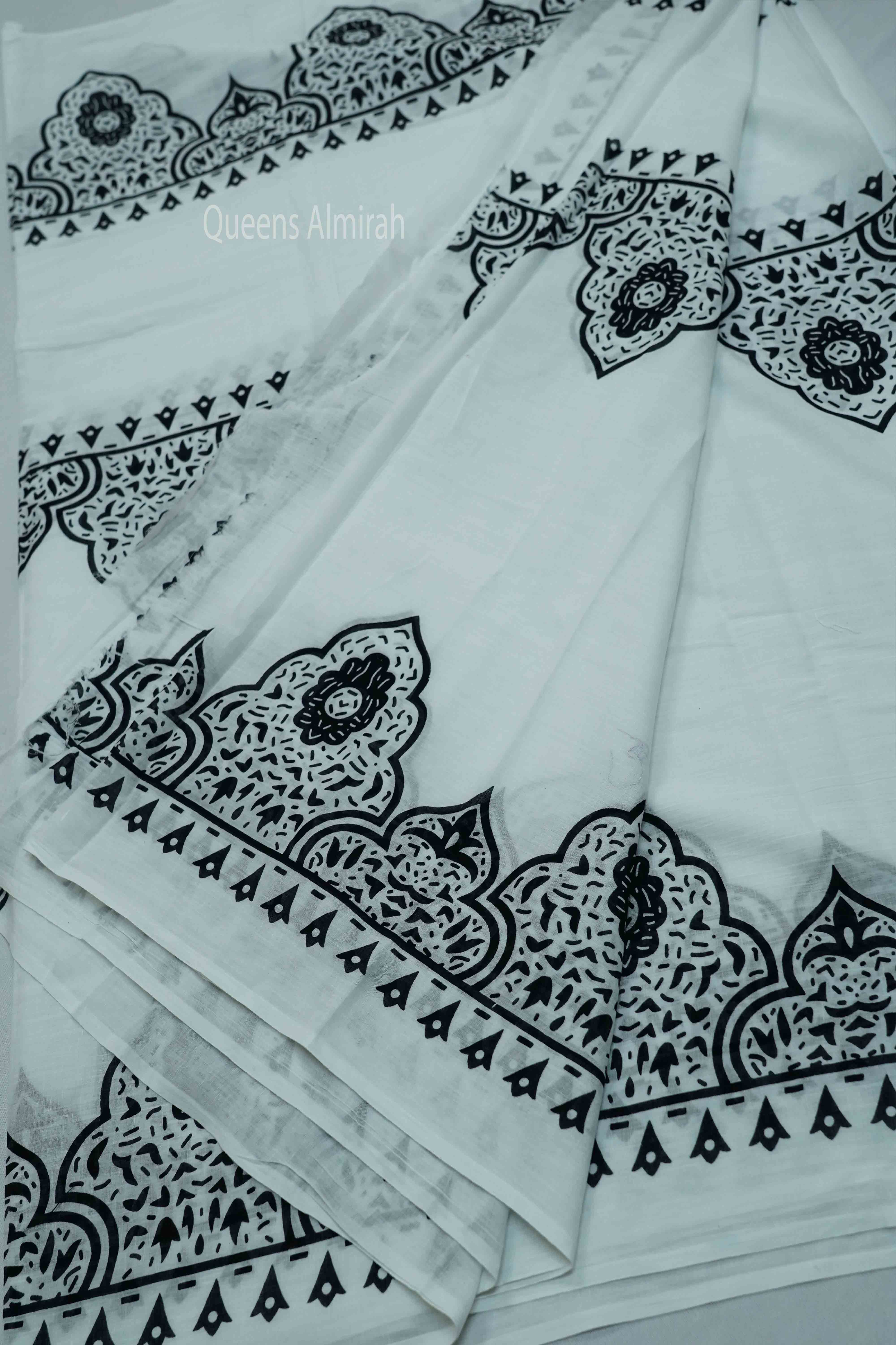 WHITE MULMUL COTTON SAREE  1 - Queens Jewel Emporium
