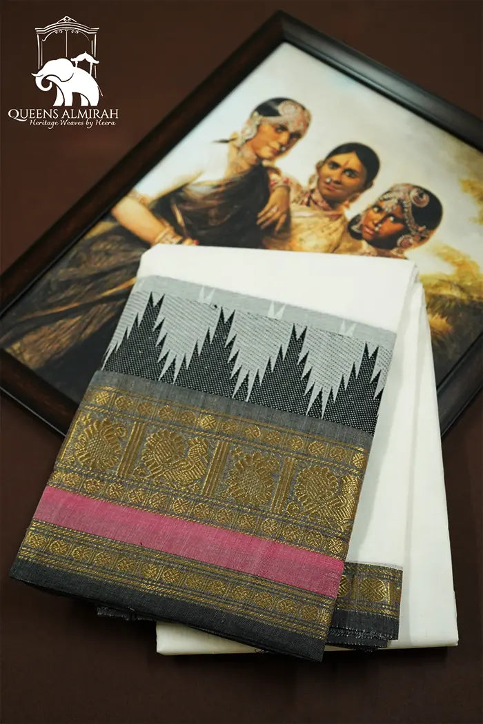 WHITE SMOKE WITH GREY KANCHI COTTON SAREE - Queens Jewel Emporium