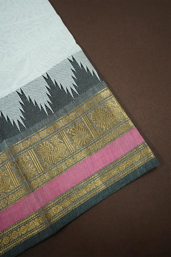WHITE SMOKE WITH GREY KANCHI COTTON SAREE - Queens Jewel Emporium