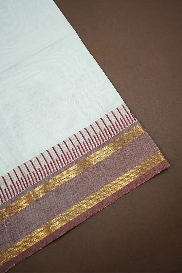 WHITE WITH CHARCOAL GREY AND WOODY BROWN KANCHI COTTON SAREE - Queens Jewel Emporium