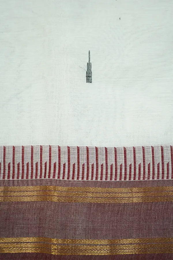 WHITE WITH CHARCOAL GREY AND WOODY BROWN KANCHI COTTON SAREE - Queens Jewel Emporium