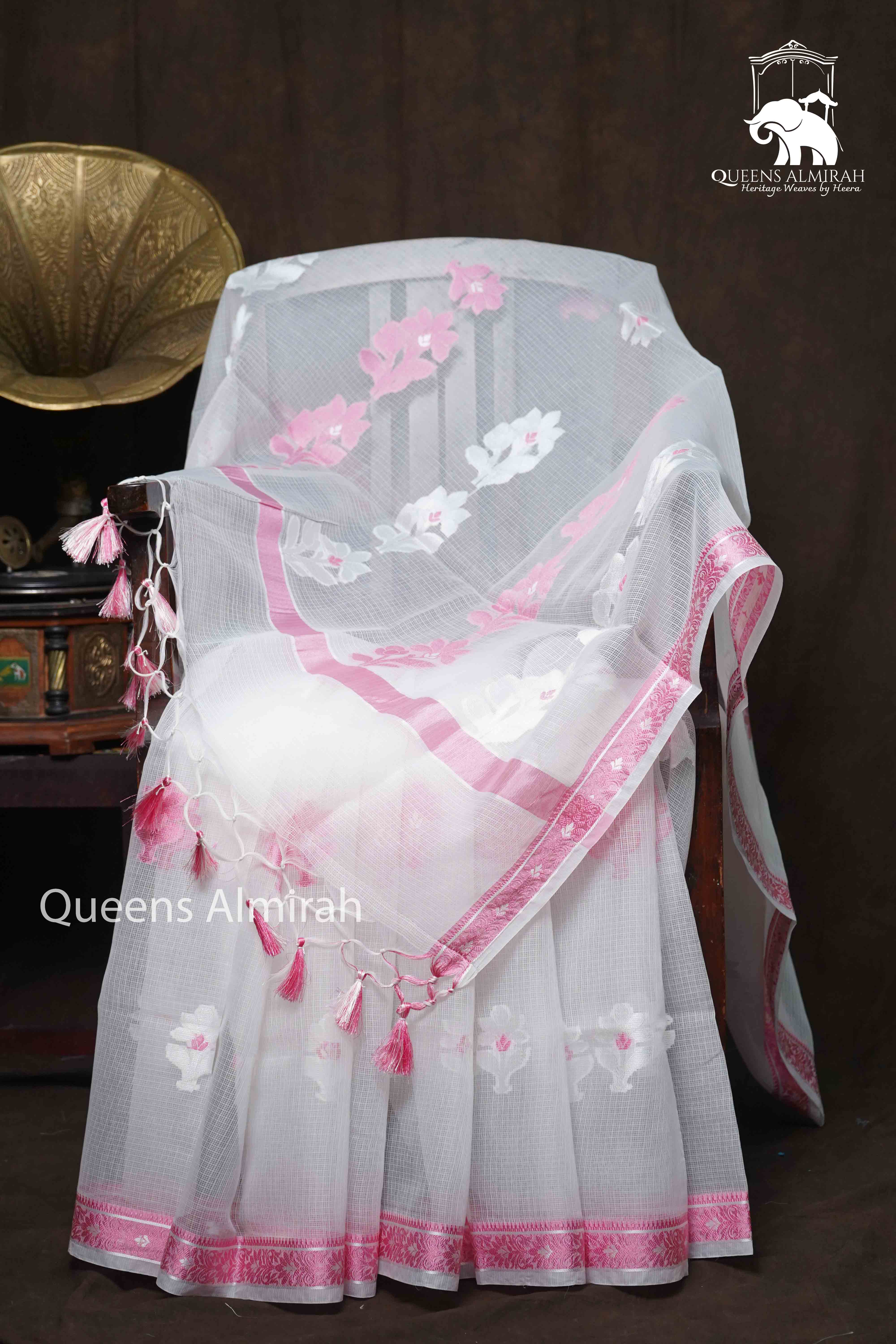 WHITE WITH DUSKY ROSE PURE KOTA SILK SAREE - Queens Jewel Emporium