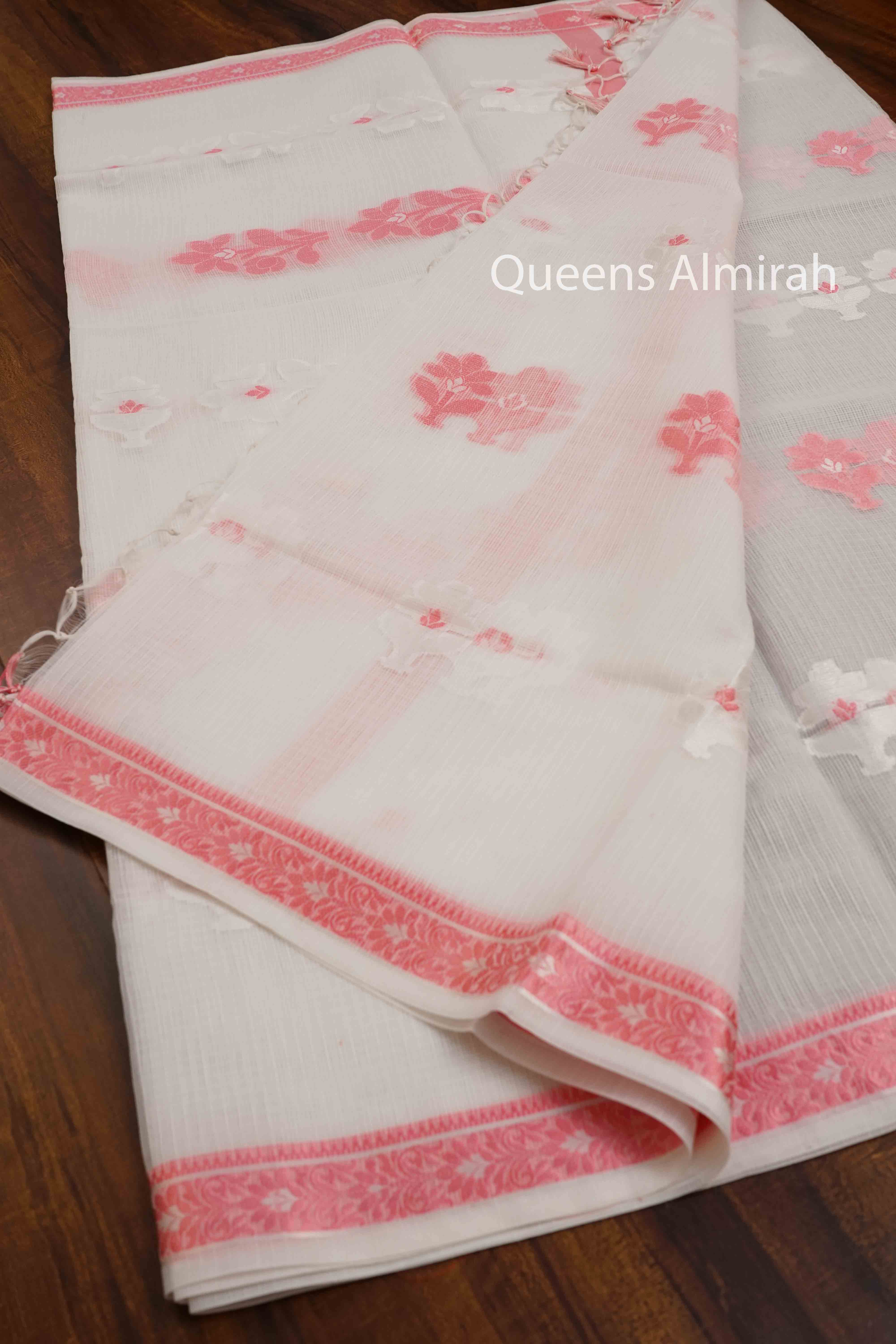 WHITE WITH DUSKY ROSE PURE KOTA SILK SAREE - Queens Jewel Emporium