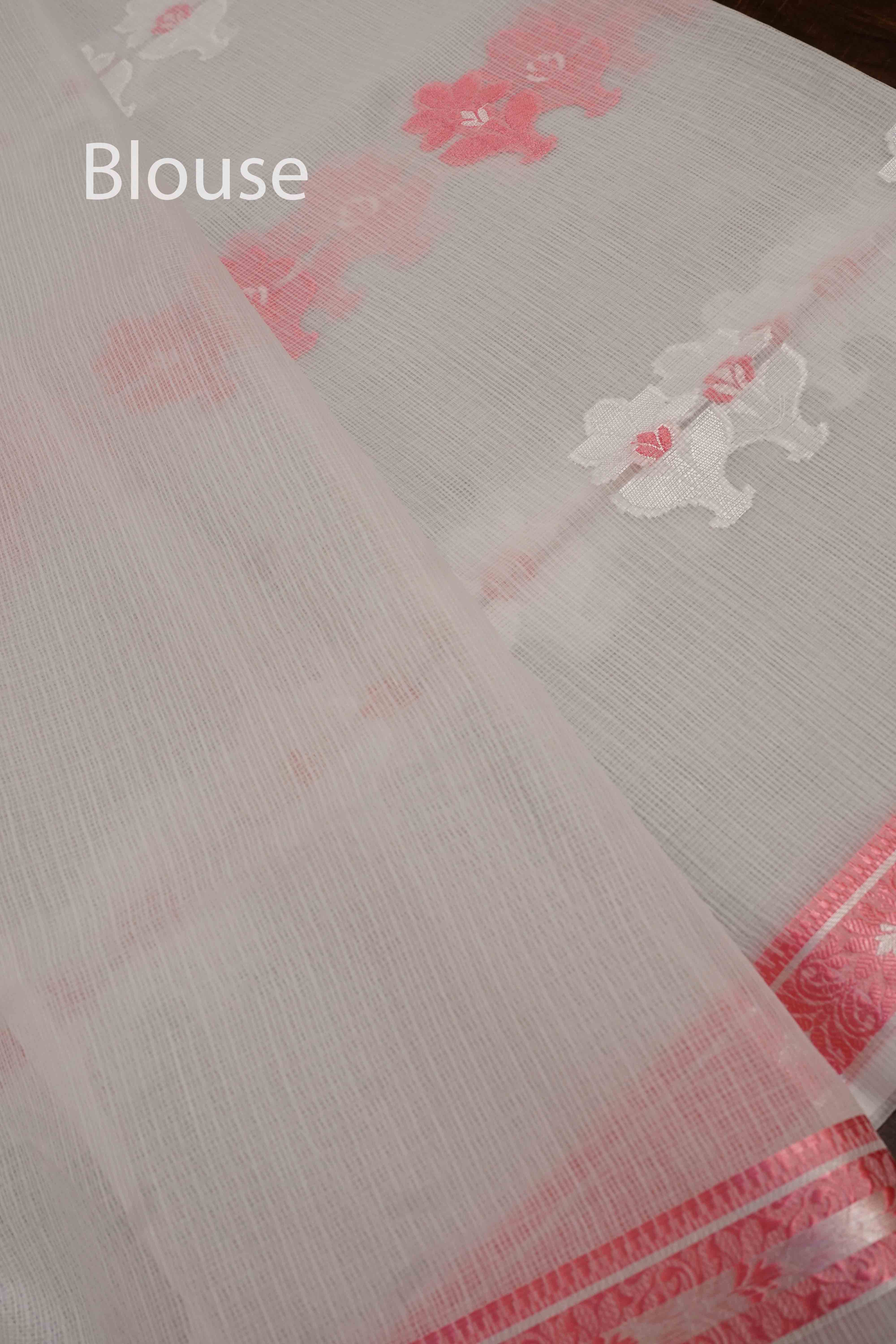 WHITE WITH DUSKY ROSE PURE KOTA SILK SAREE - Queens Jewel Emporium