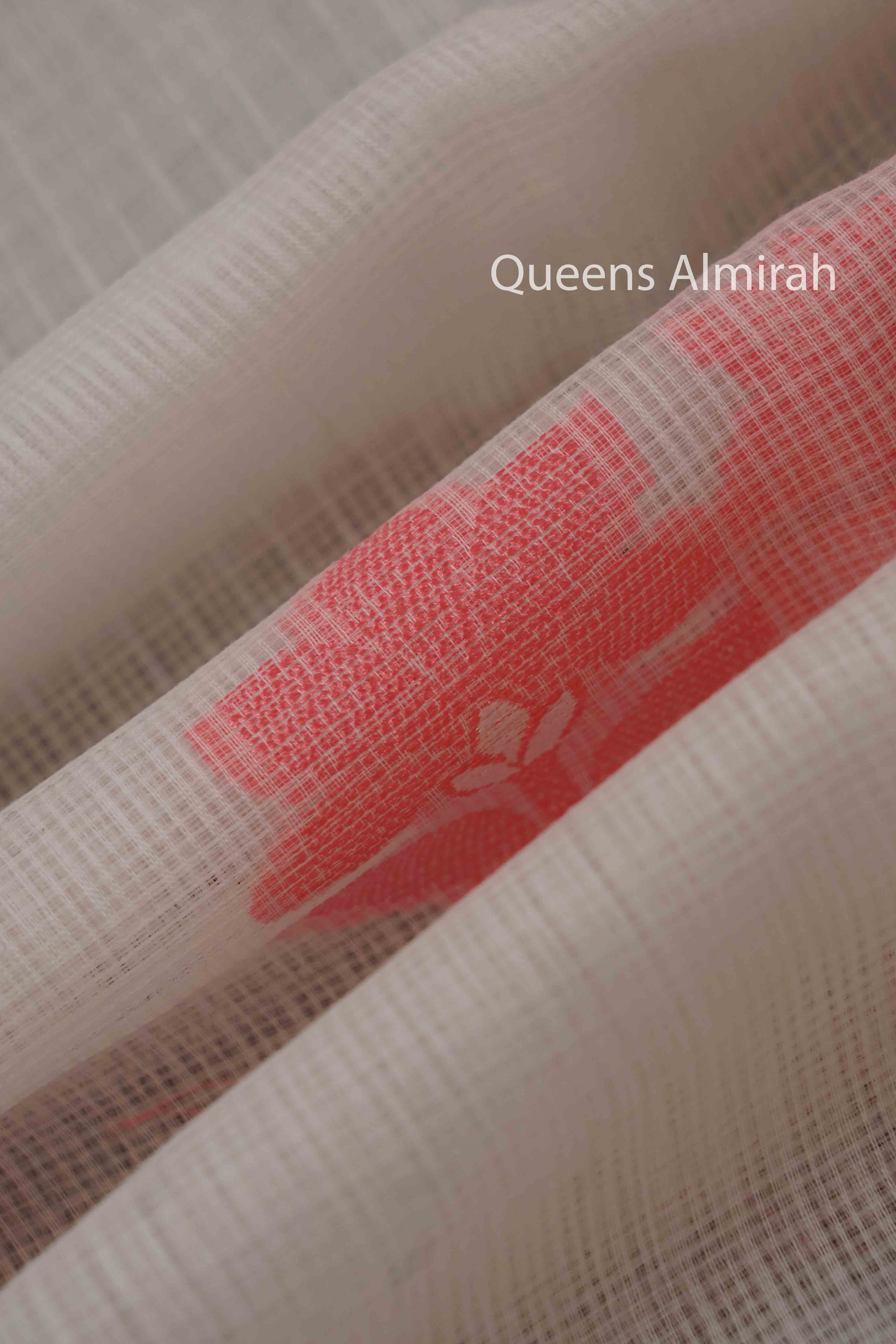 WHITE WITH DUSKY ROSE PURE KOTA SILK SAREE - Queens Jewel Emporium