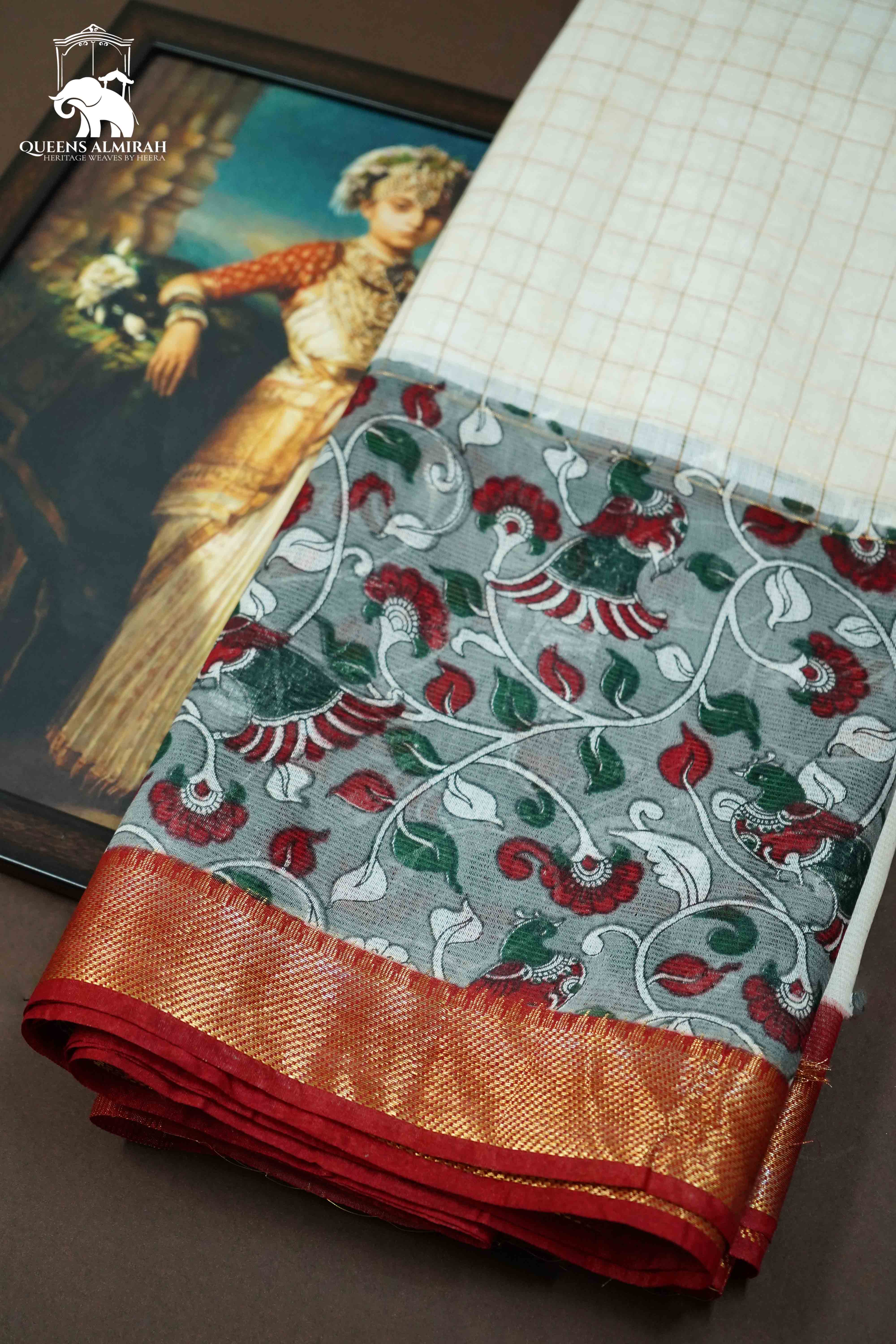 WHITE WITH DUSTY GREY  KALAMKARI BORDER MANGALGIRI SAREE - Queens Jewel Emporium