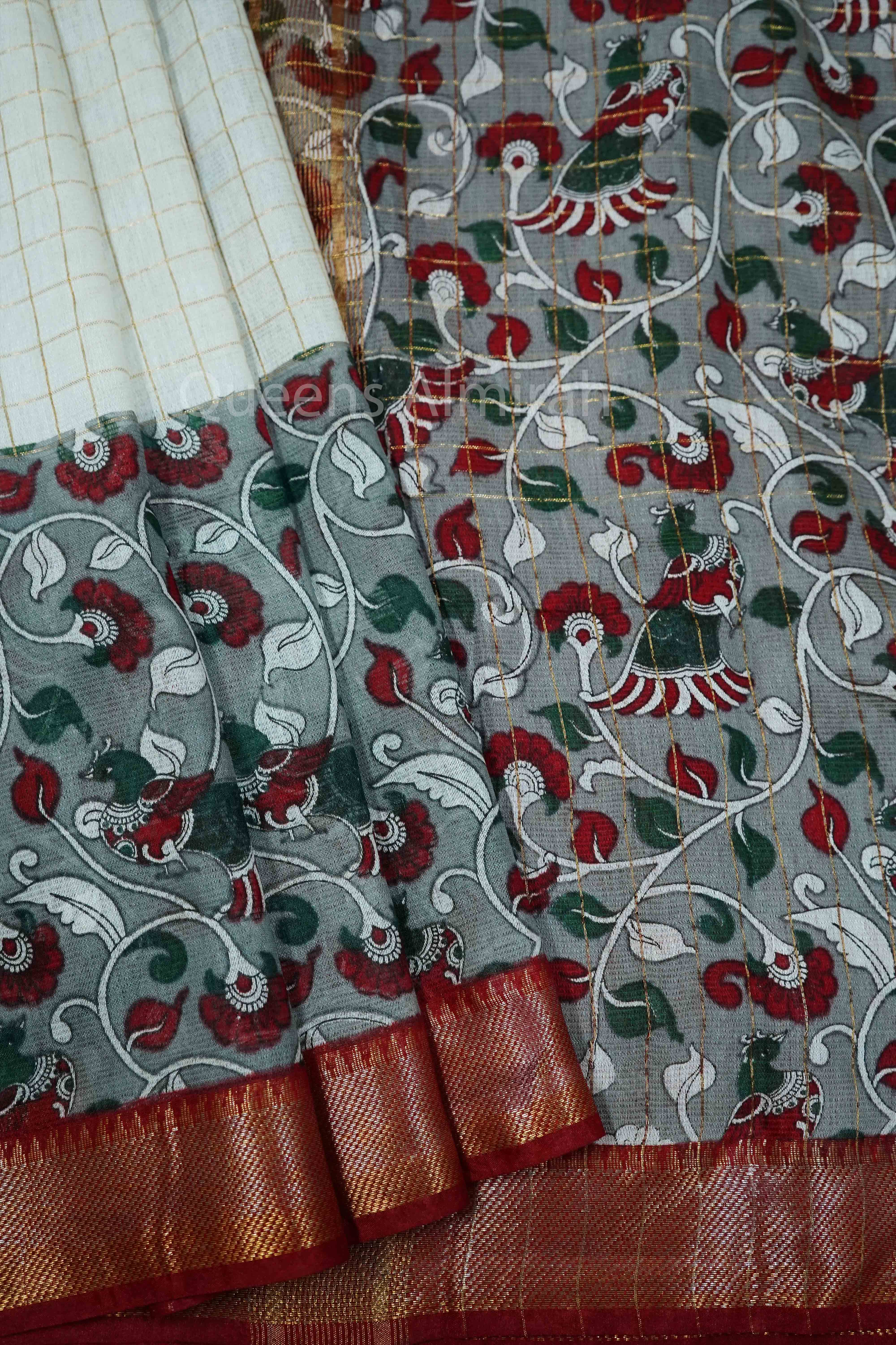 WHITE WITH DUSTY GREY  KALAMKARI BORDER MANGALGIRI SAREE - Queens Jewel Emporium