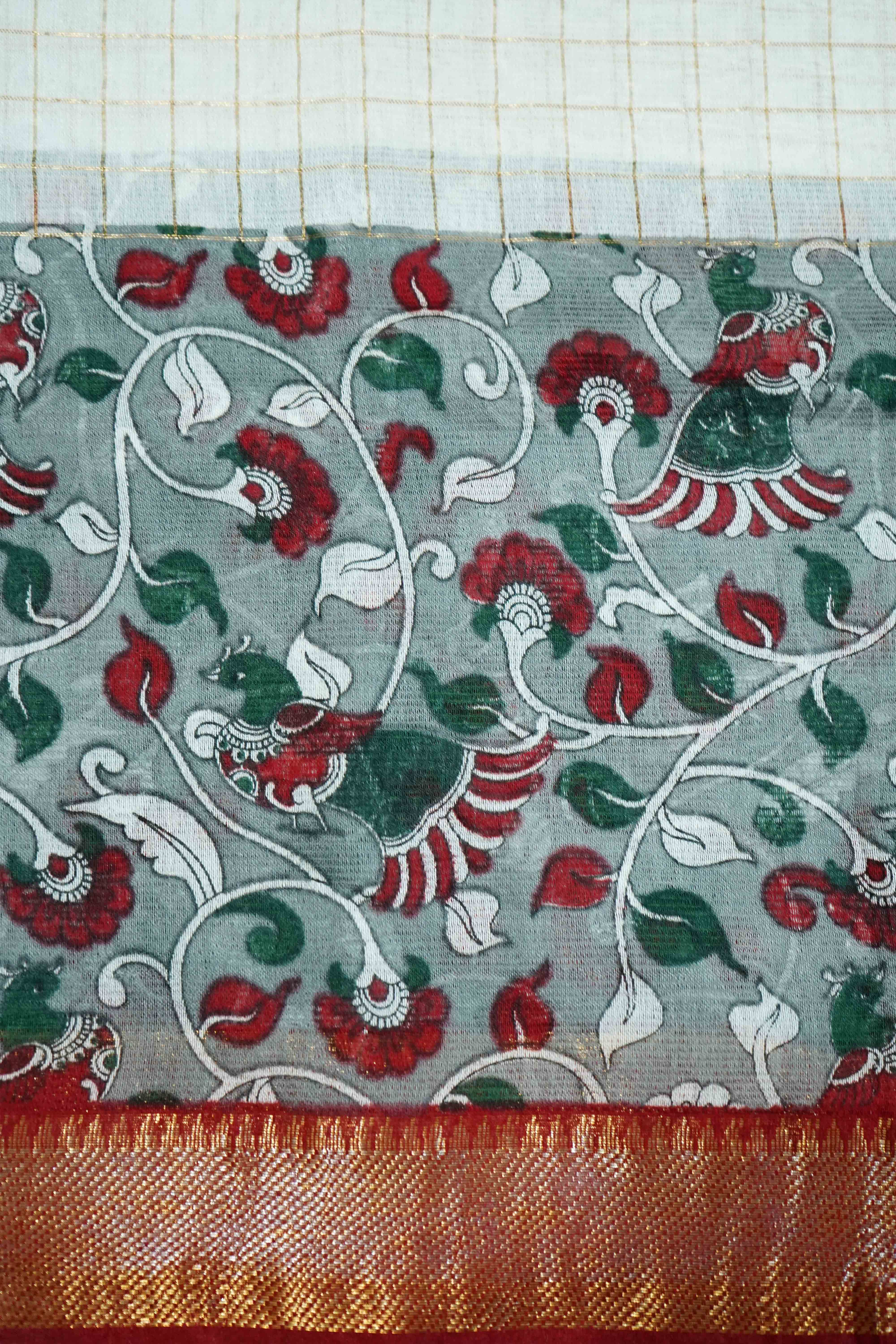 WHITE WITH DUSTY GREY  KALAMKARI BORDER MANGALGIRI SAREE - Queens Jewel Emporium