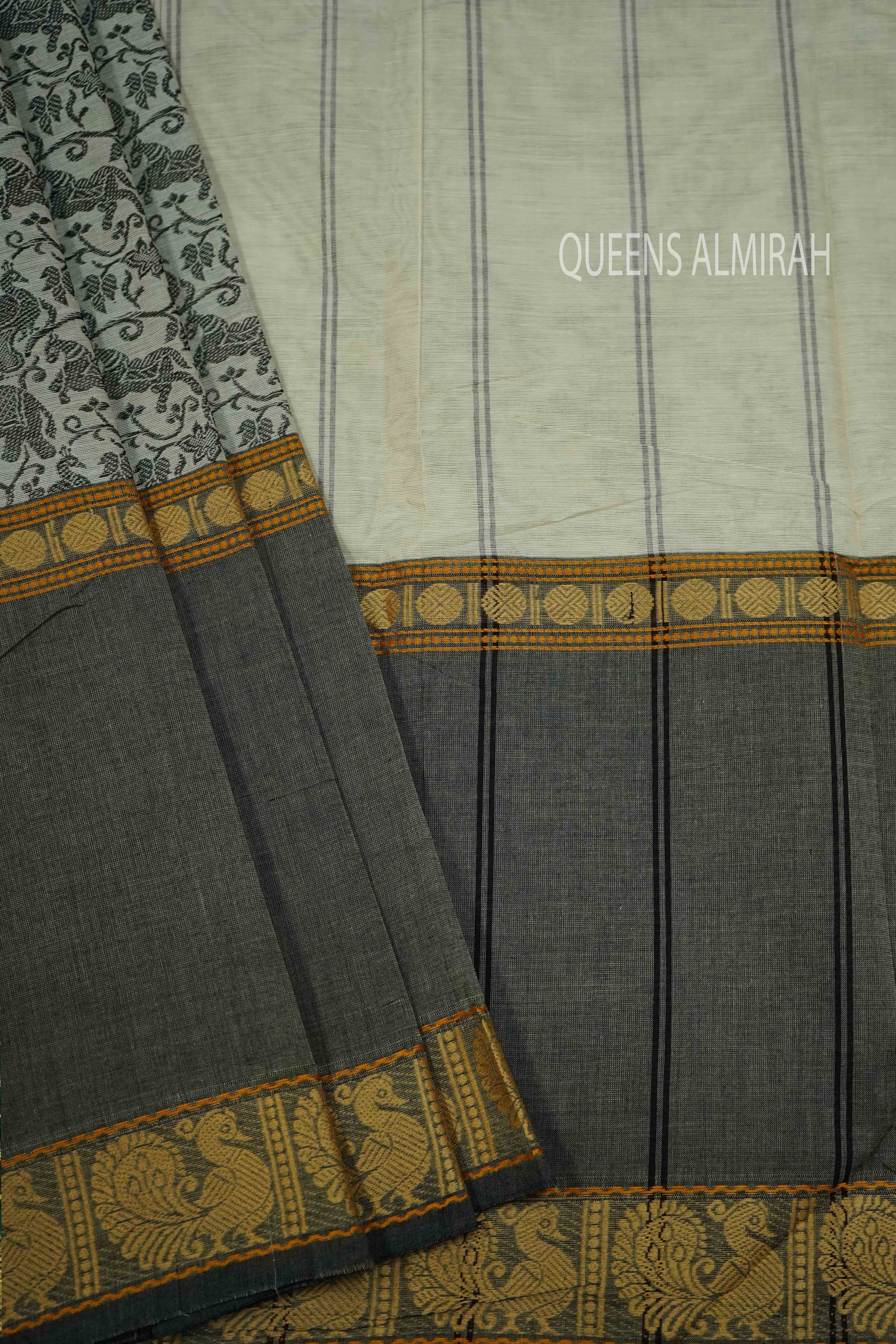 WHITE WITH GREY KANCHI COTTON SAREE - Queens Jewel Emporium