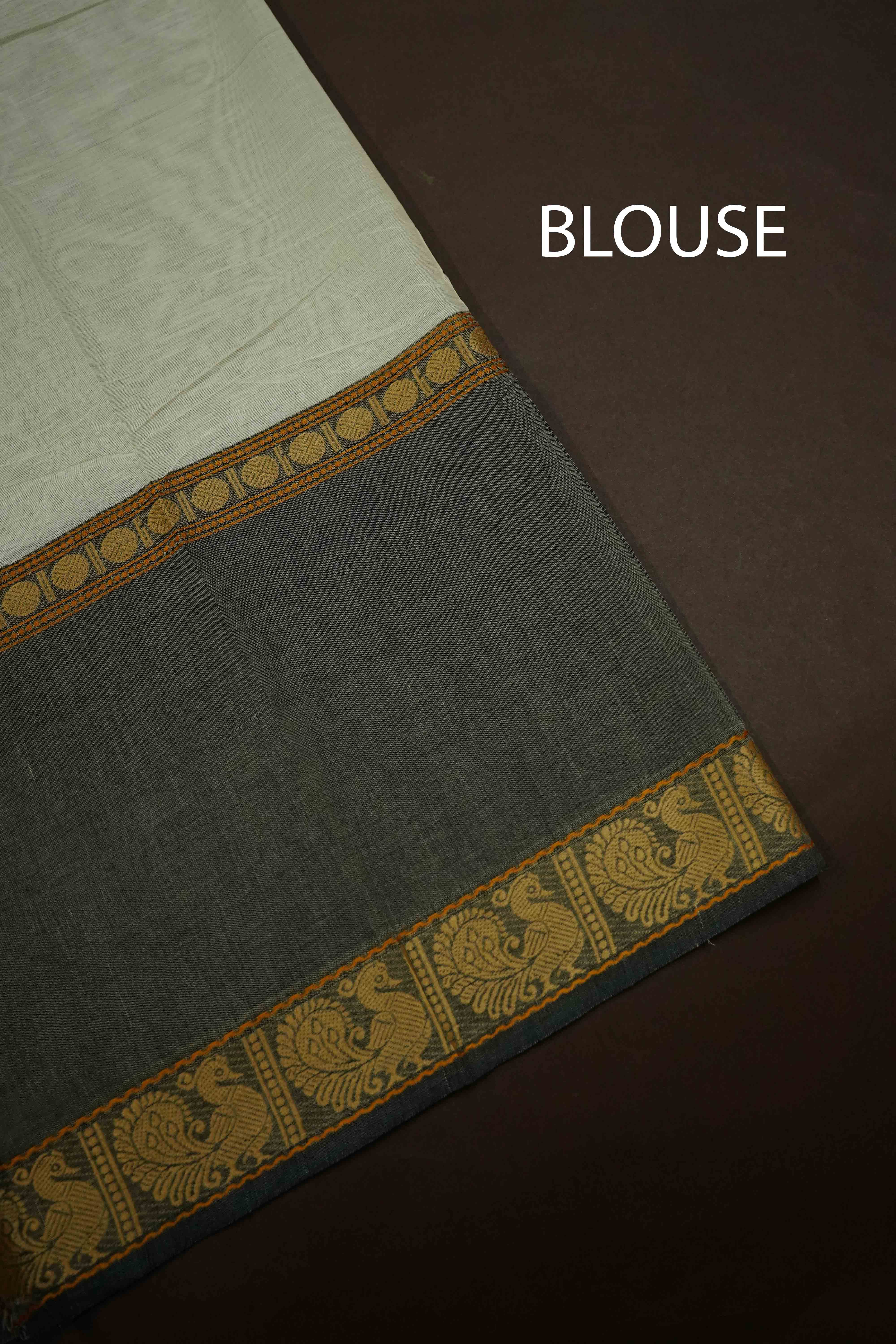 WHITE WITH GREY KANCHI COTTON SAREE - Queens Jewel Emporium