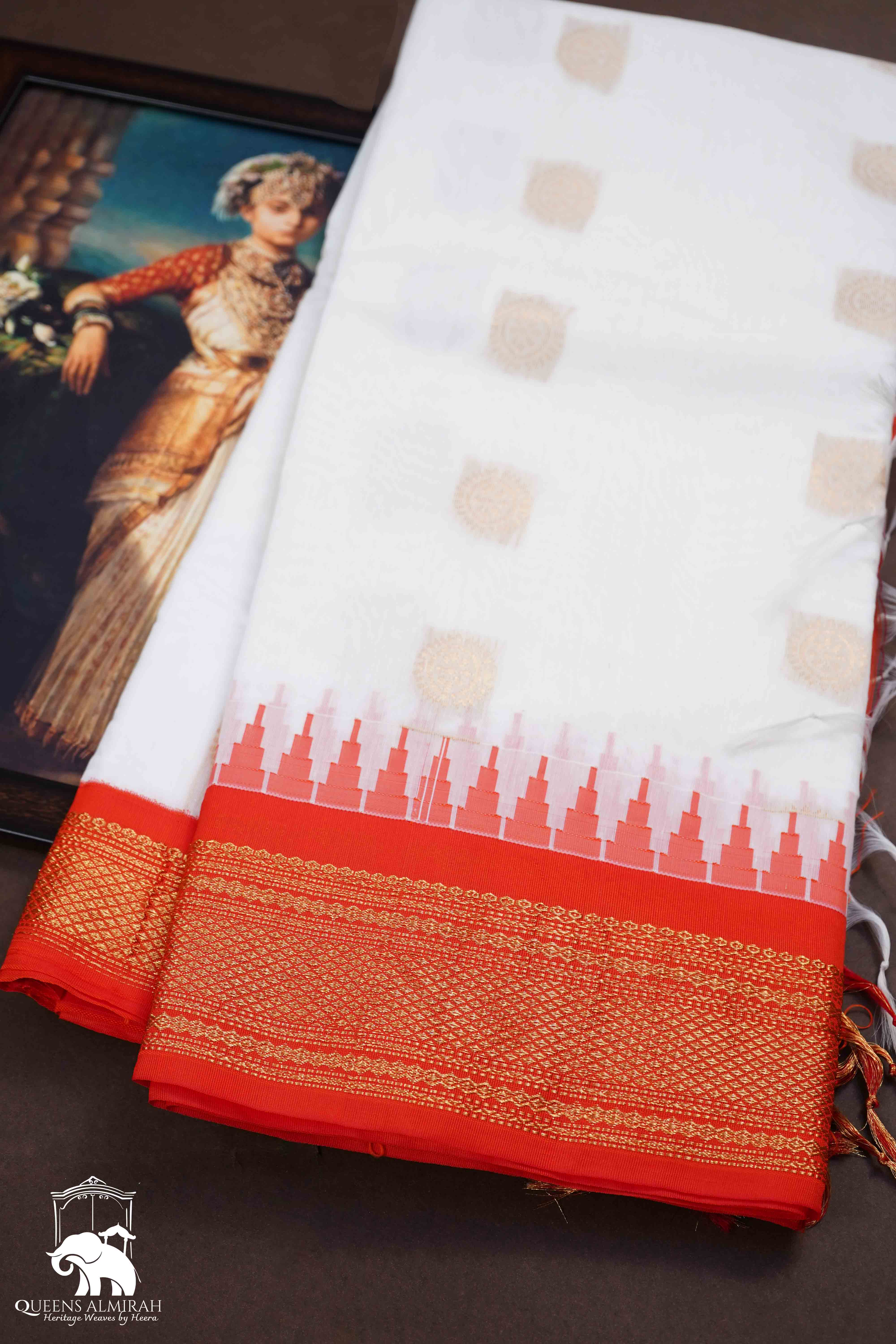 WHITE WITH ORANGE SEMI GADWAL SILK COTTON SAREE - Queens Jewel Emporium